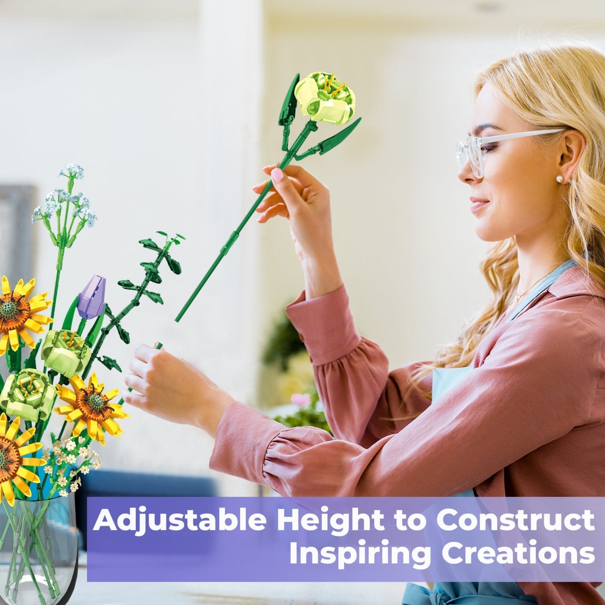 Contixo Sunflower Bouquet Building Set - 975 Pcs, DIY Floral STEM Kit, Home Deco-thumbmail-5