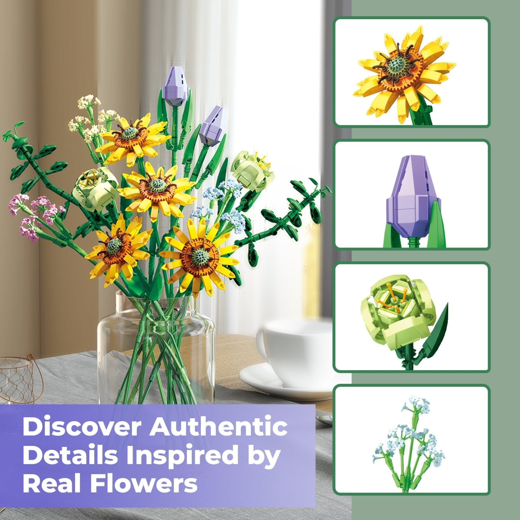 Contixo Sunflower Bouquet Building Set - 975 Pcs, DIY Floral STEM Kit, Home Deco-thumbmail-3