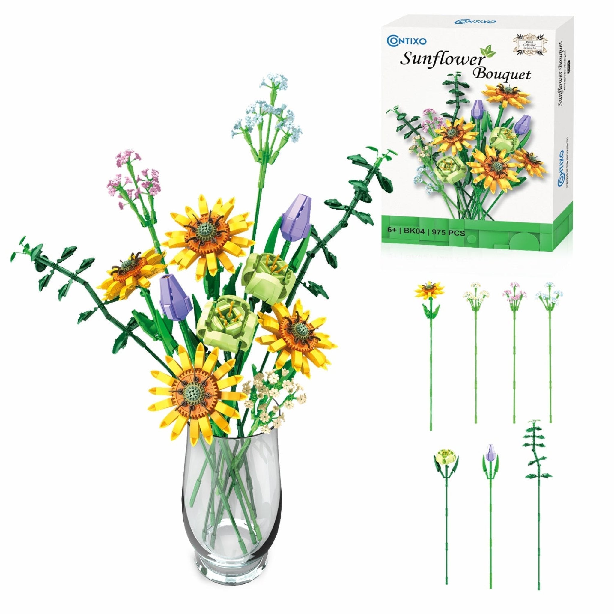 Contixo Sunflower Bouquet Building Set - 975 Pcs, DIY Floral STEM Kit, Home Deco-thumbmail-1