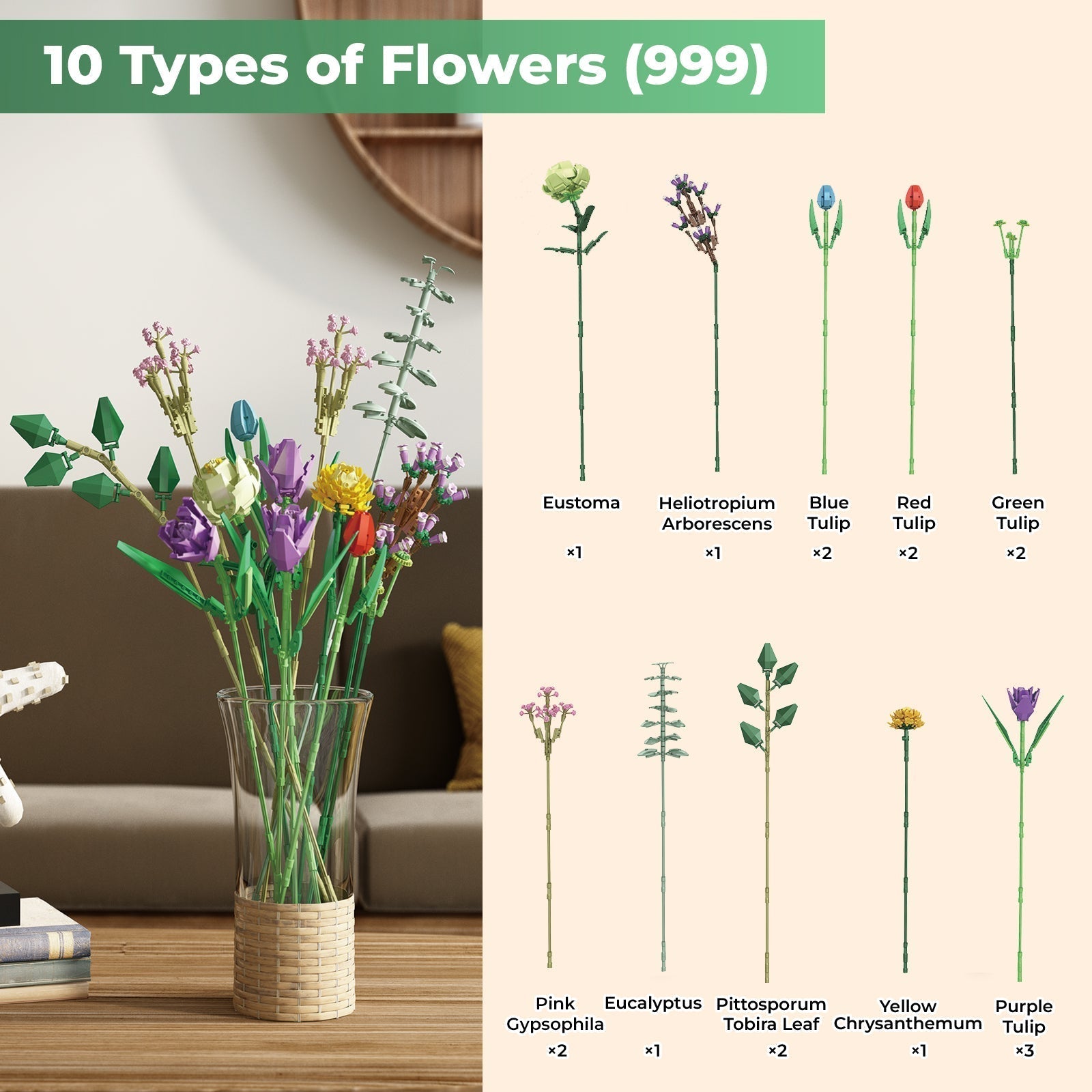 Contixo BK05 Tulip Bouquet Floral Collection Building Block Set - 999 PCS-thumbmail-7