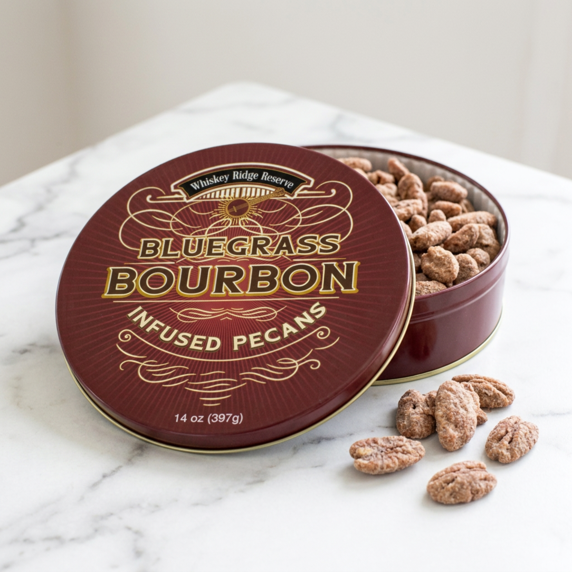 Bourbon Pecan Tin 14 Oz Candied Nuts-thumbmail-1