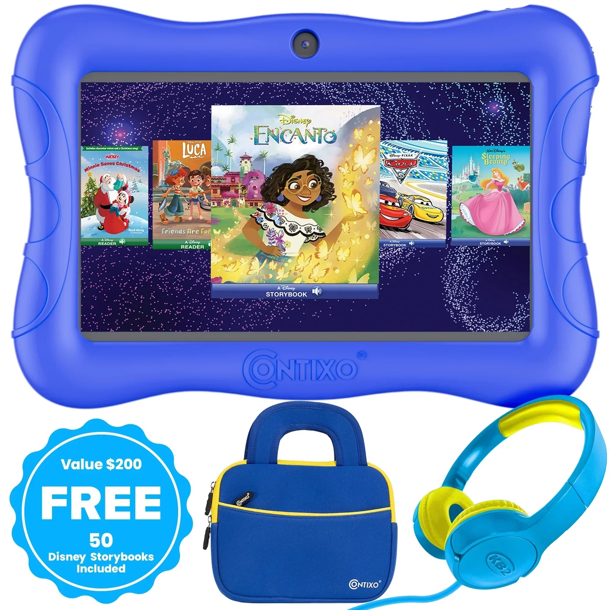 Contixo 7" Kids Tablet Bundle, 50 FREE Disney EBooks, Learning Android Tablet for Kids 3-12, 32GB, Parental Controls, Kid-Proof Case With Kickstand, Includes Headphones, Carrying Case-thumbmail-1