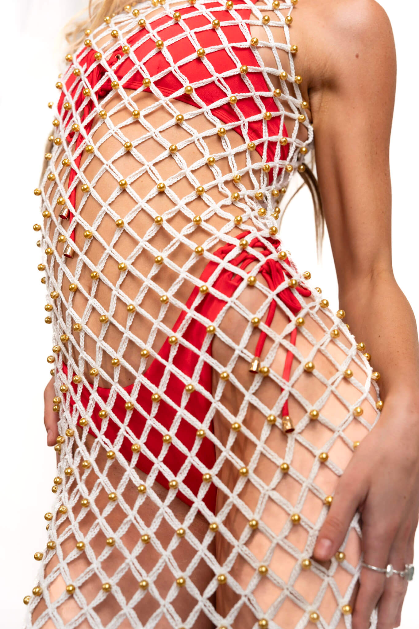 Hand-Woven Crochet Dress With Gold Beads | Cream-thumbmail-5