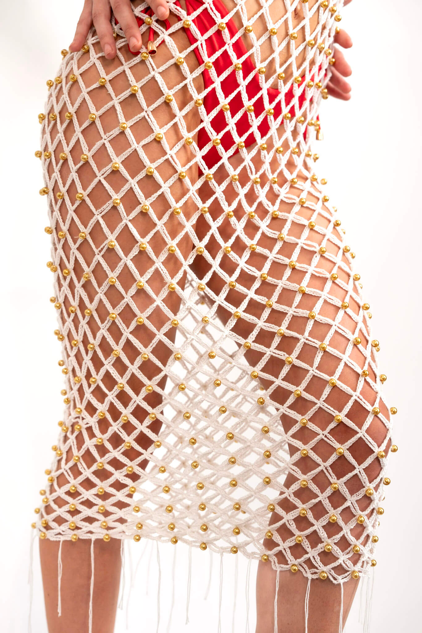 Hand-Woven Crochet Dress With Gold Beads | Cream-thumbmail-7
