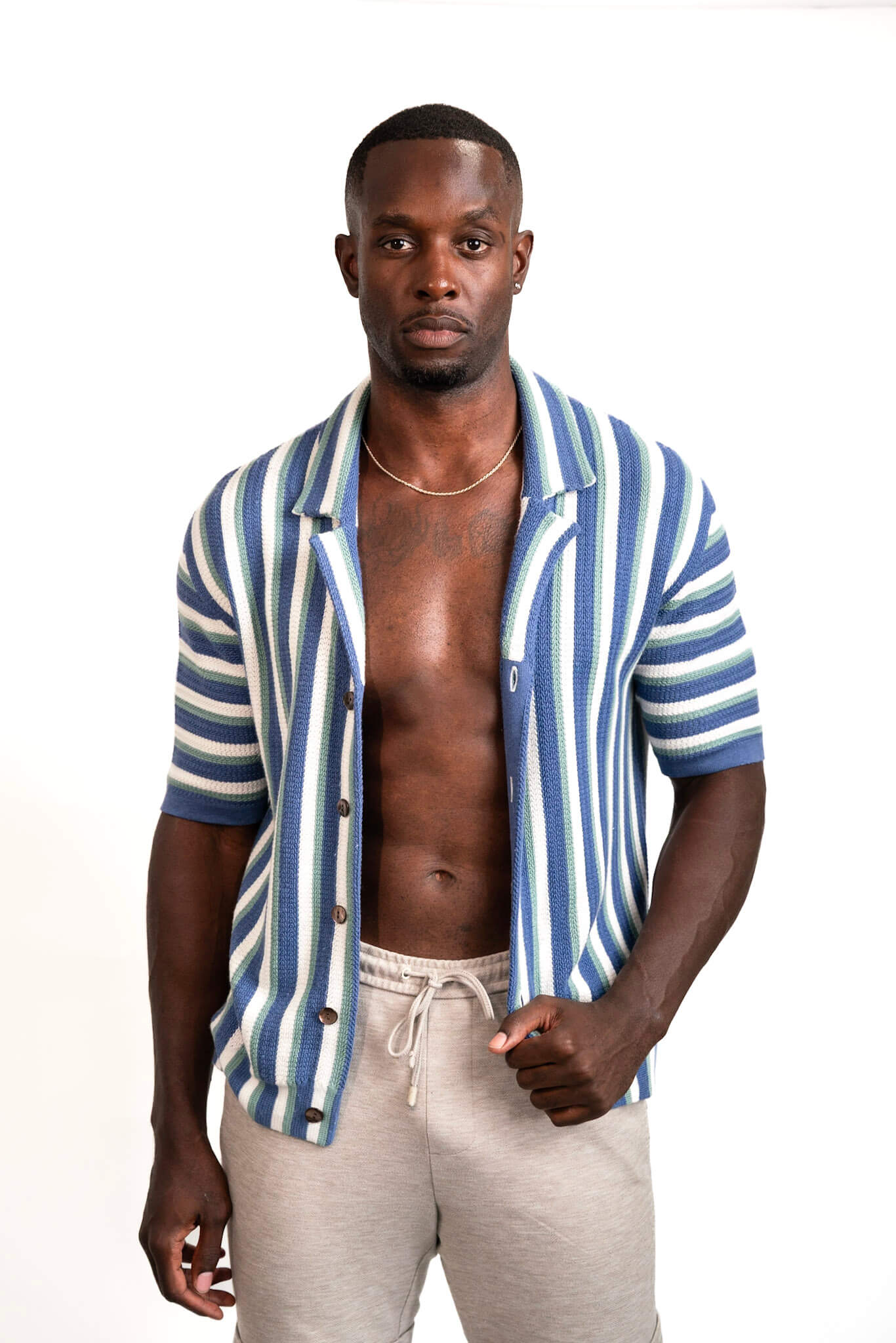 Hand-Woven Button-Up Shirt | Organic Cashmere Cotton Blend | Midnight Blue, Sage & Cream-thumbmail-1
