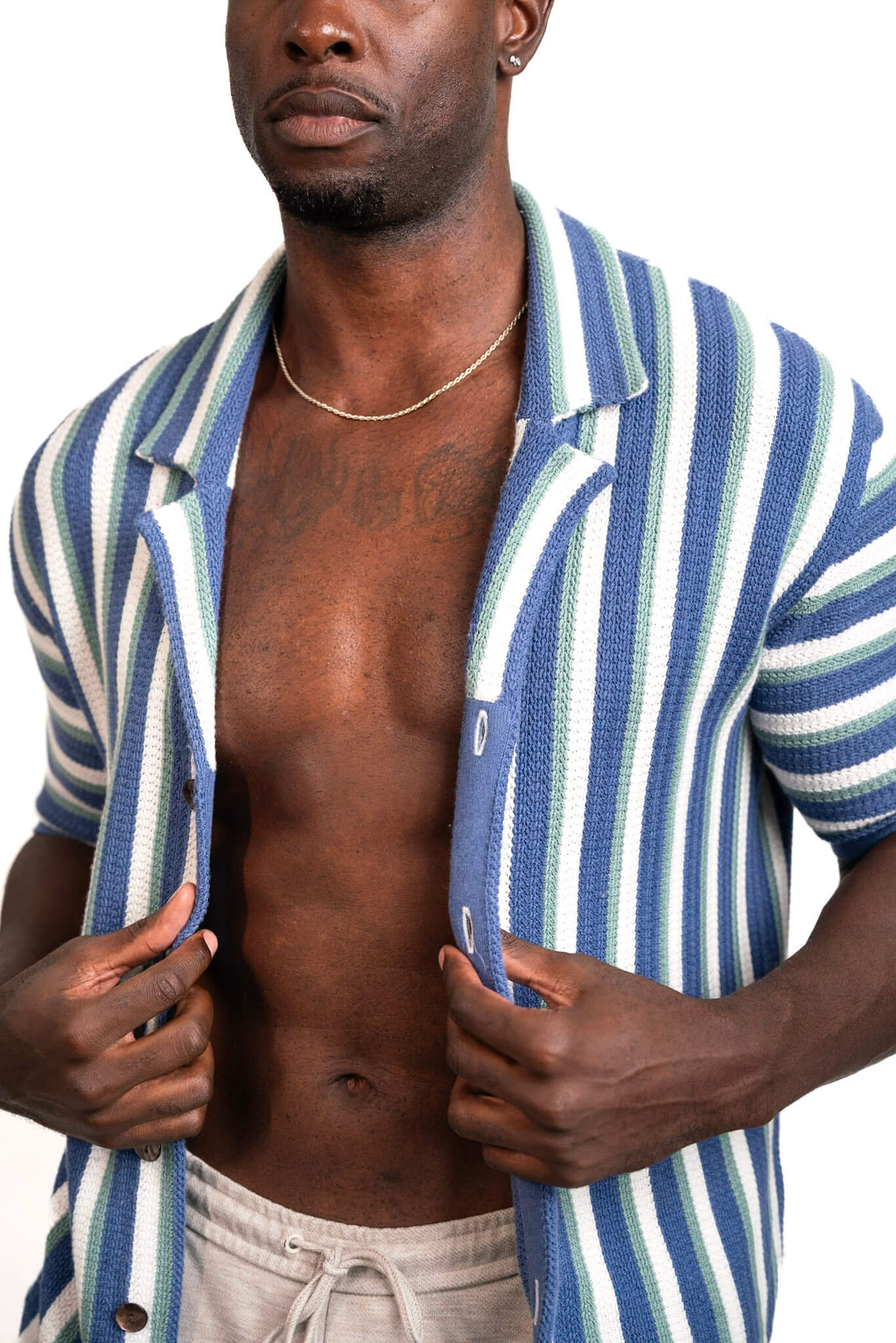 Hand-Woven Button-Up Shirt | Organic Cashmere Cotton Blend | Midnight Blue, Sage & Cream-thumbmail-3