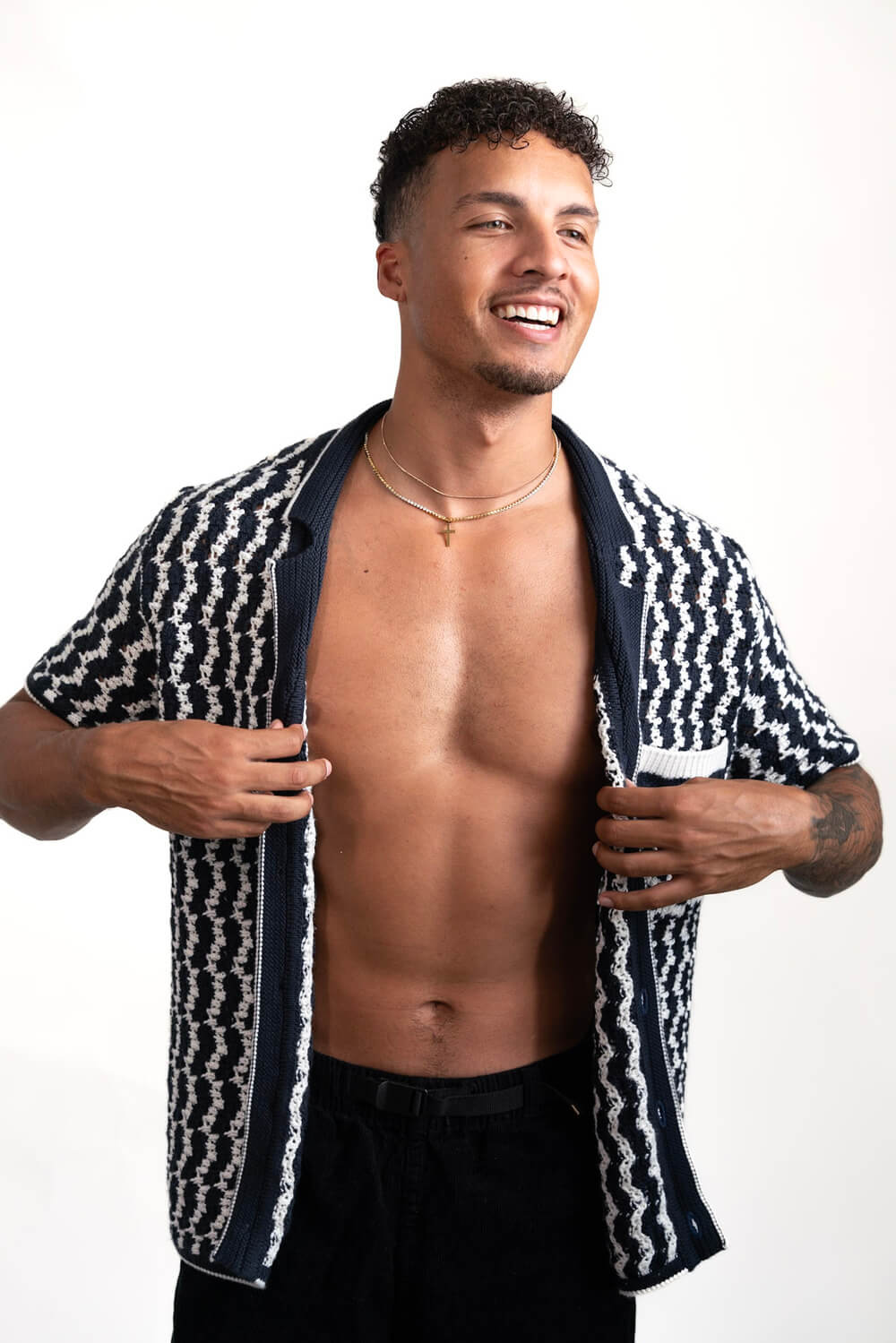 Crochet Button-Up Shirt | Organic Cashmere Cotton Blend | Navy & White-thumbmail-2