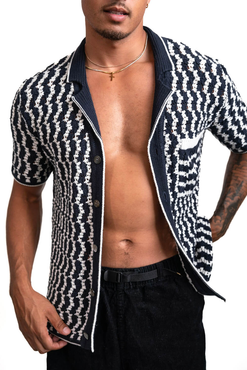 Crochet Button-Up Shirt | Organic Cashmere Cotton Blend | Navy & White-thumbmail-1