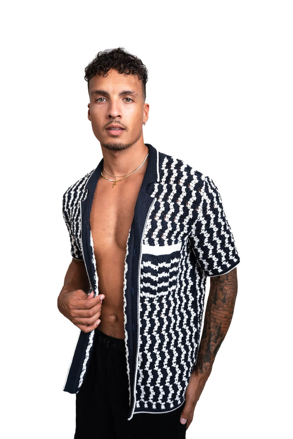 Crochet Button-Up Shirt | Organic Cashmere Cotton Blend | Navy & White-thumbmail-3