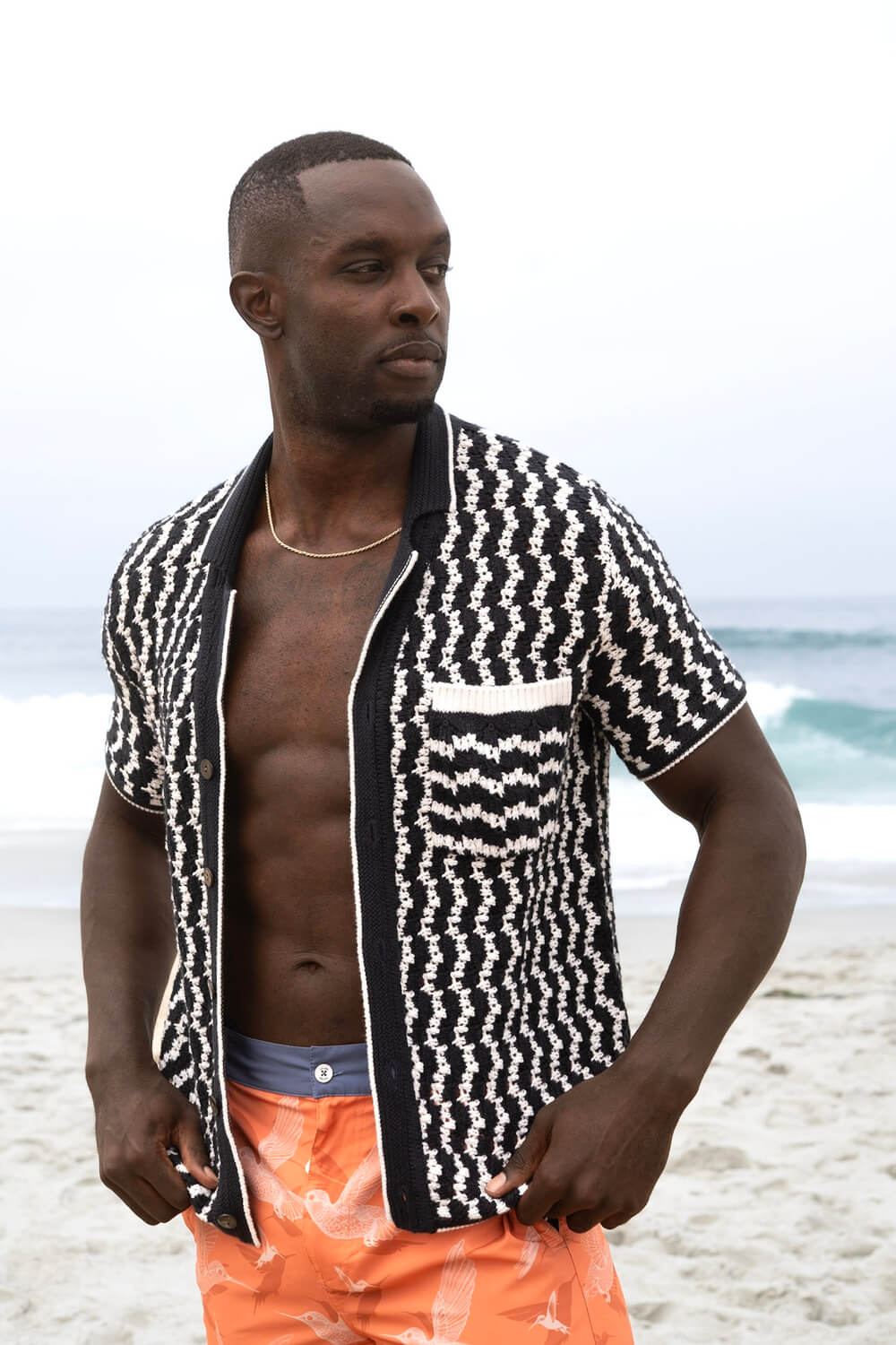 Crochet Button-Up Shirt | Organic Cashmere Cotton Blend | Navy & White-thumbmail-4