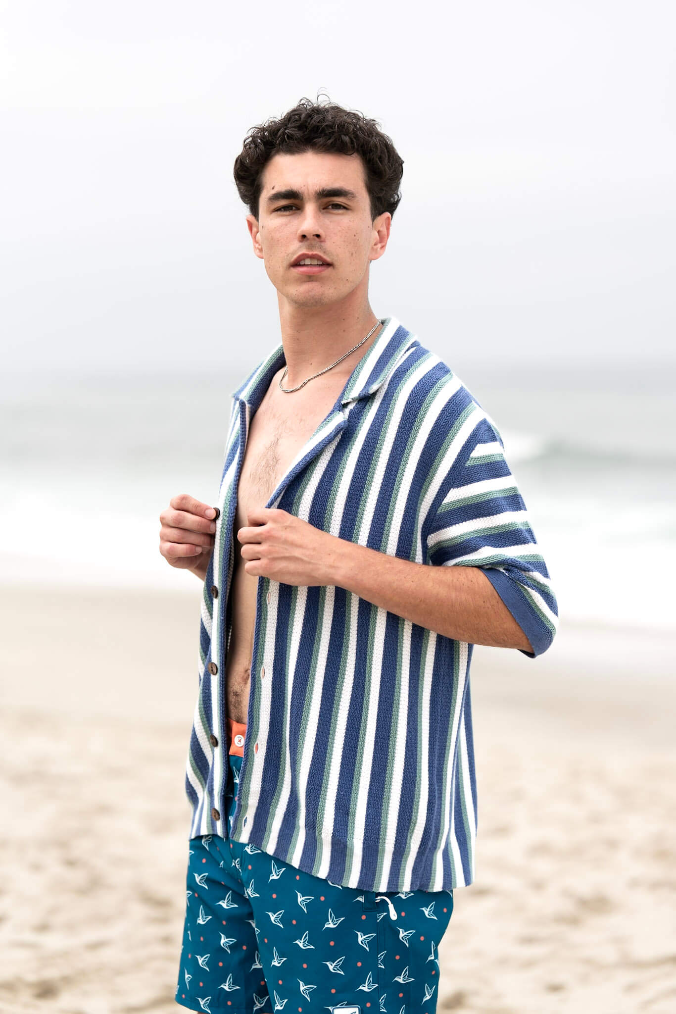 Hand-Woven Button-Up Shirt | Organic Cashmere Cotton Blend | Midnight Blue, Sage & Cream-thumbmail-2