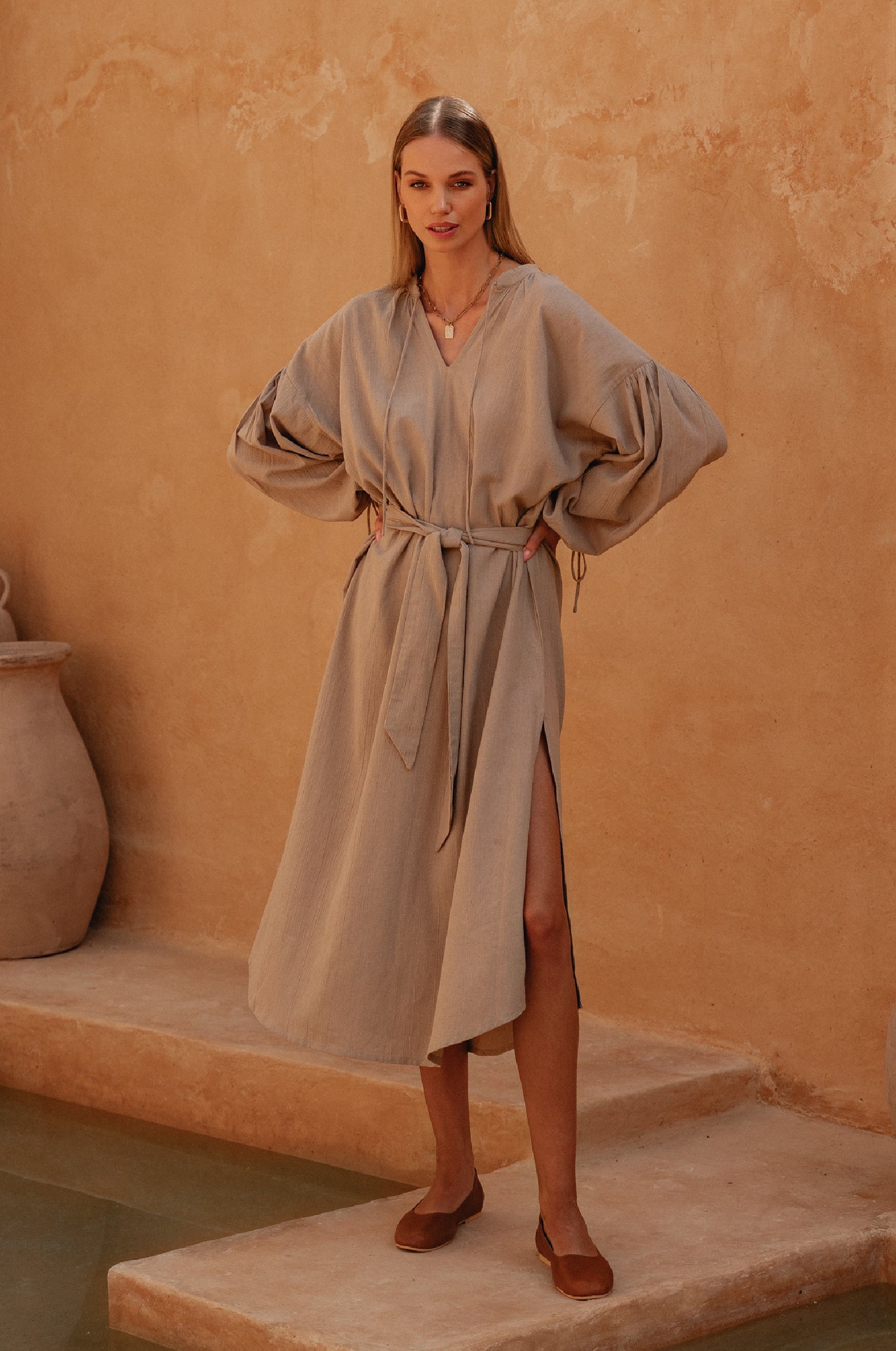 Denise Long Sleeve Linen Kimono Dress-thumbmail-1