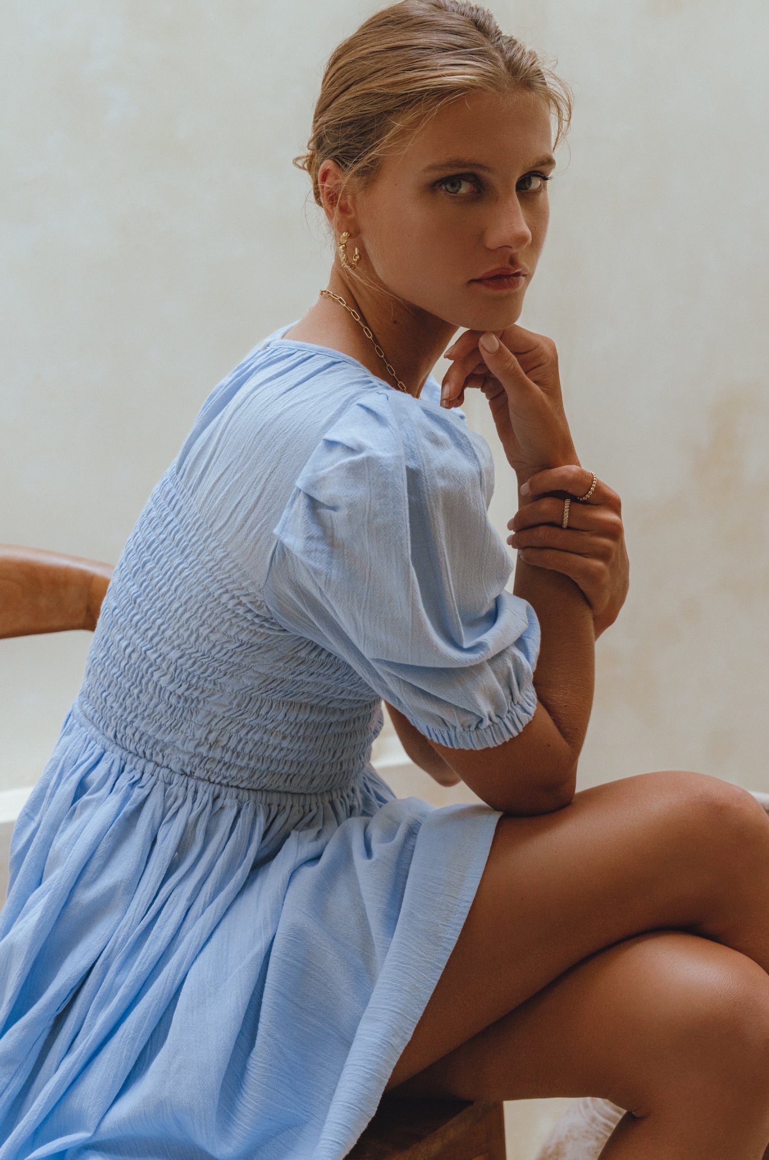 Elodie Smocked Linen Mini Dress-thumbmail-4