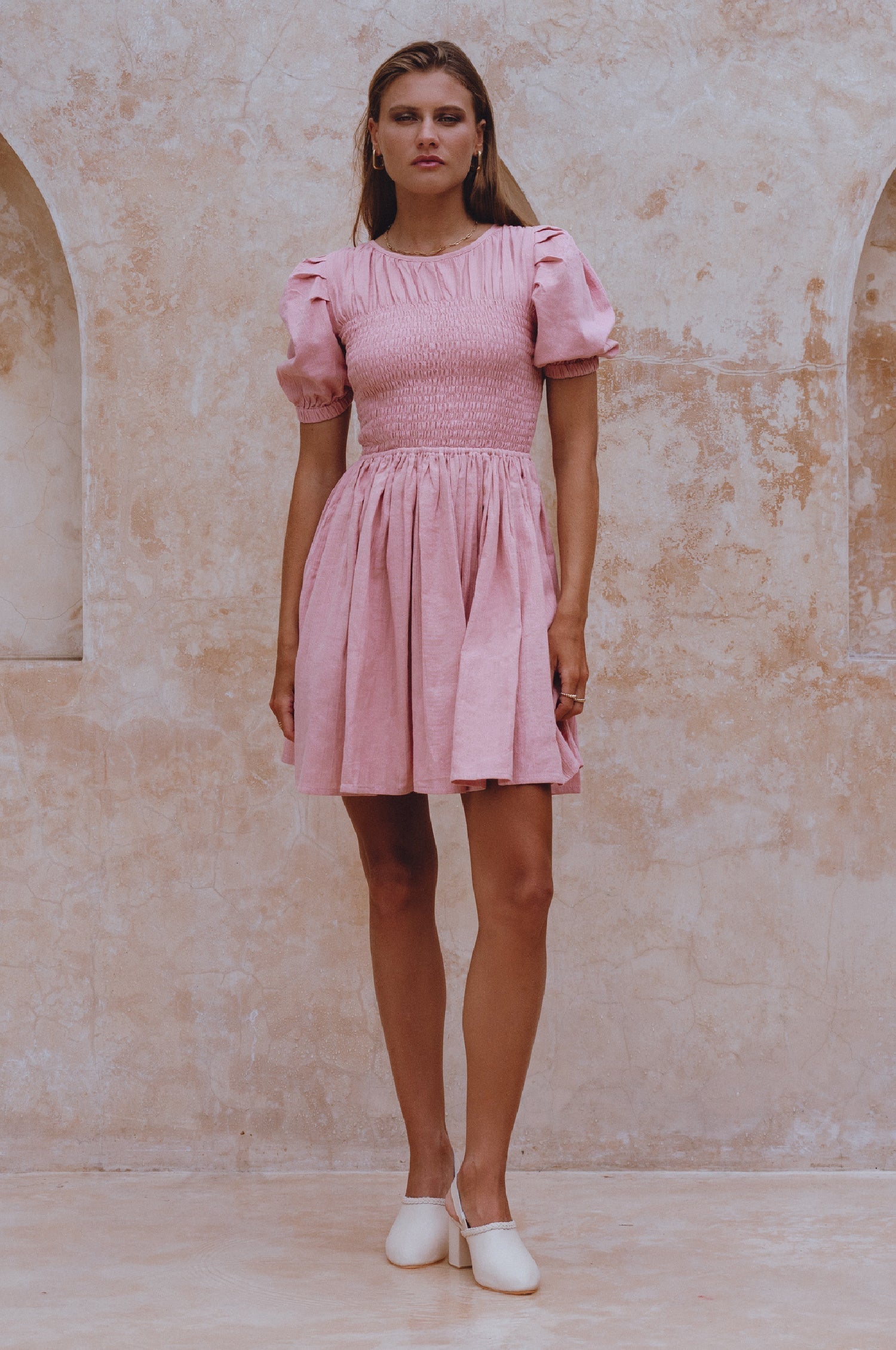 Elodie Smocked Linen Mini Dress-thumbmail-6