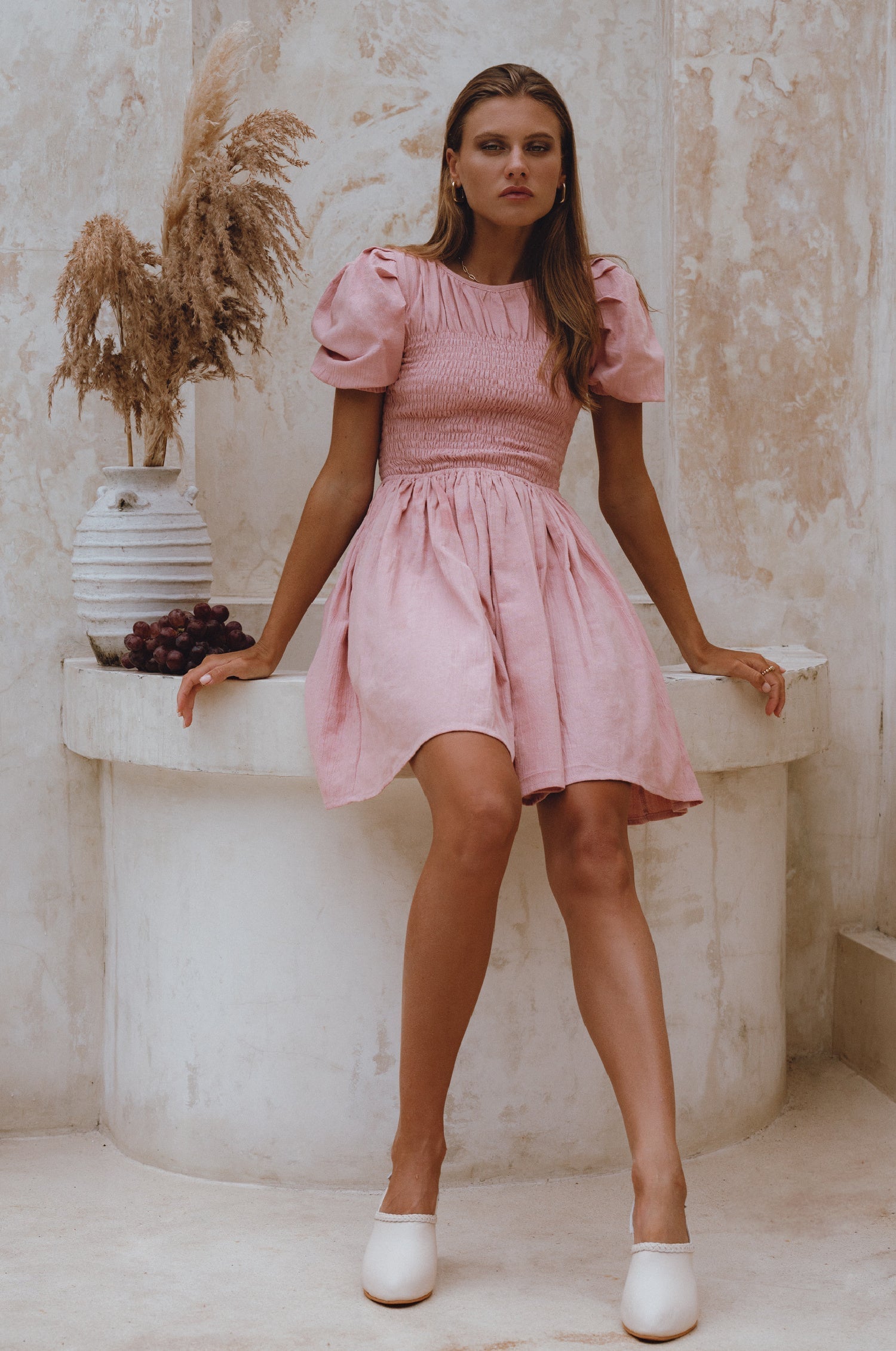 Elodie Smocked Linen Mini Dress-thumbmail-1