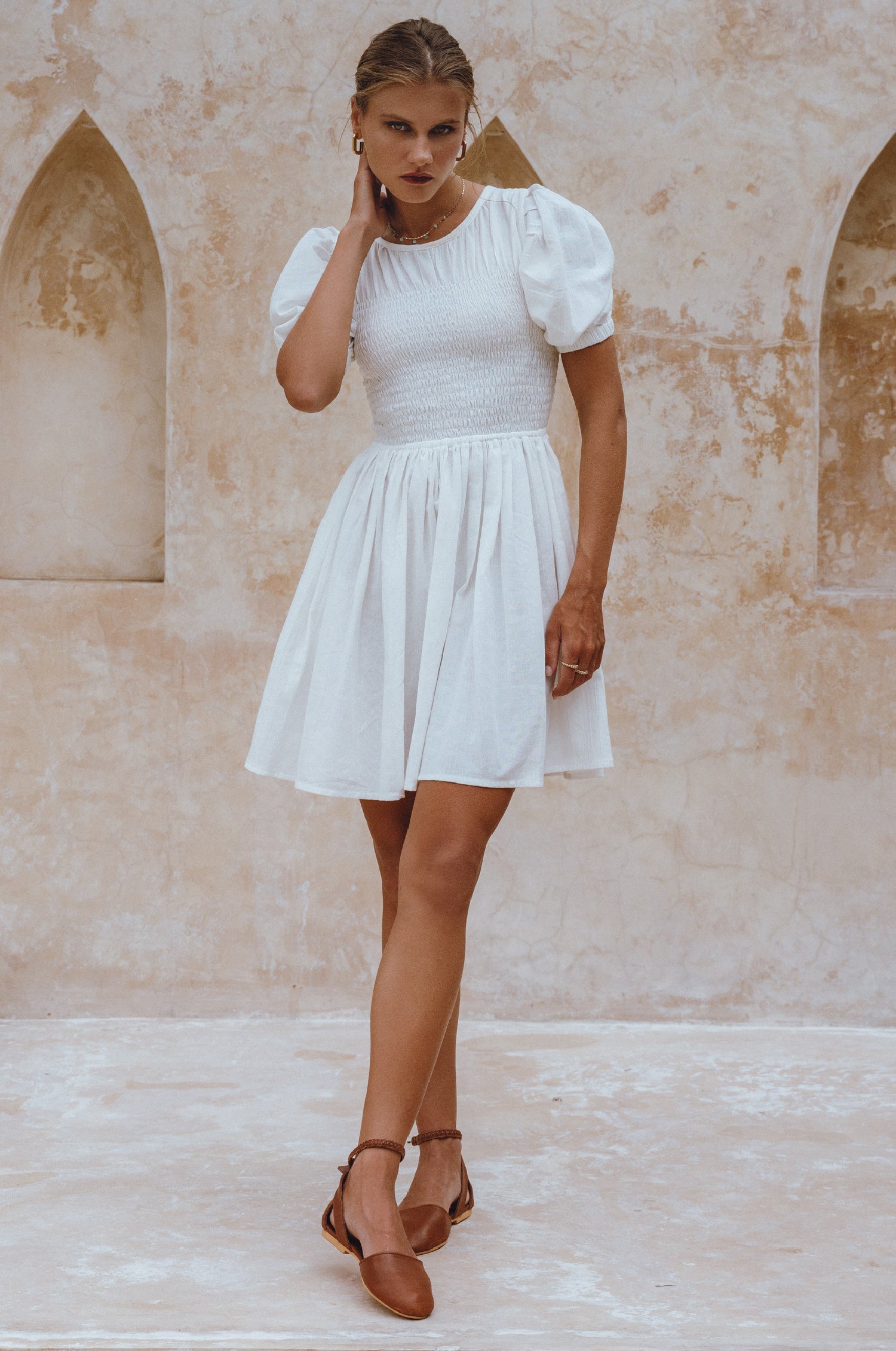 Elodie Smocked Linen Mini Dress-thumbmail-3