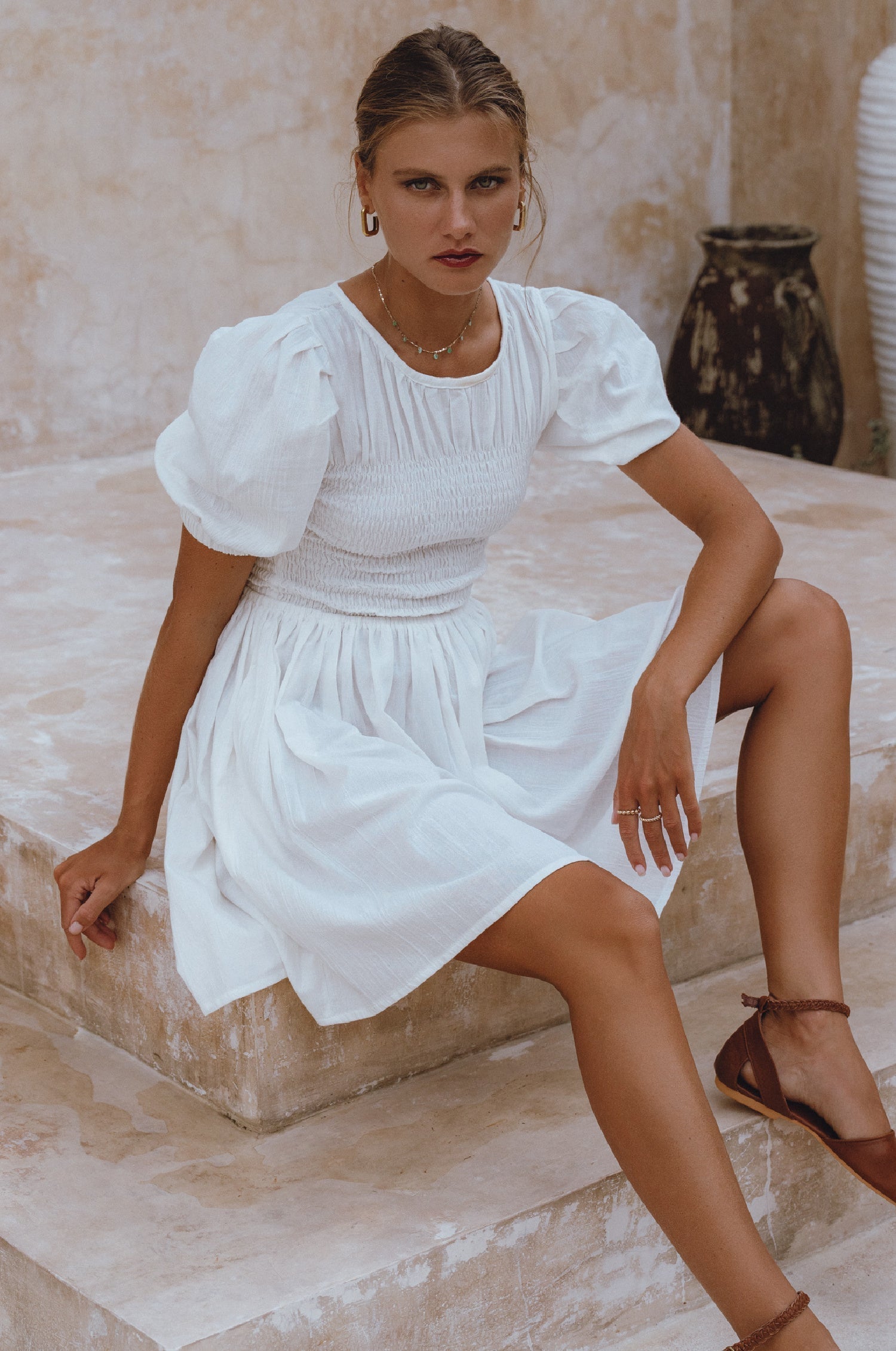 Elodie Smocked Linen Mini Dress-thumbmail-4