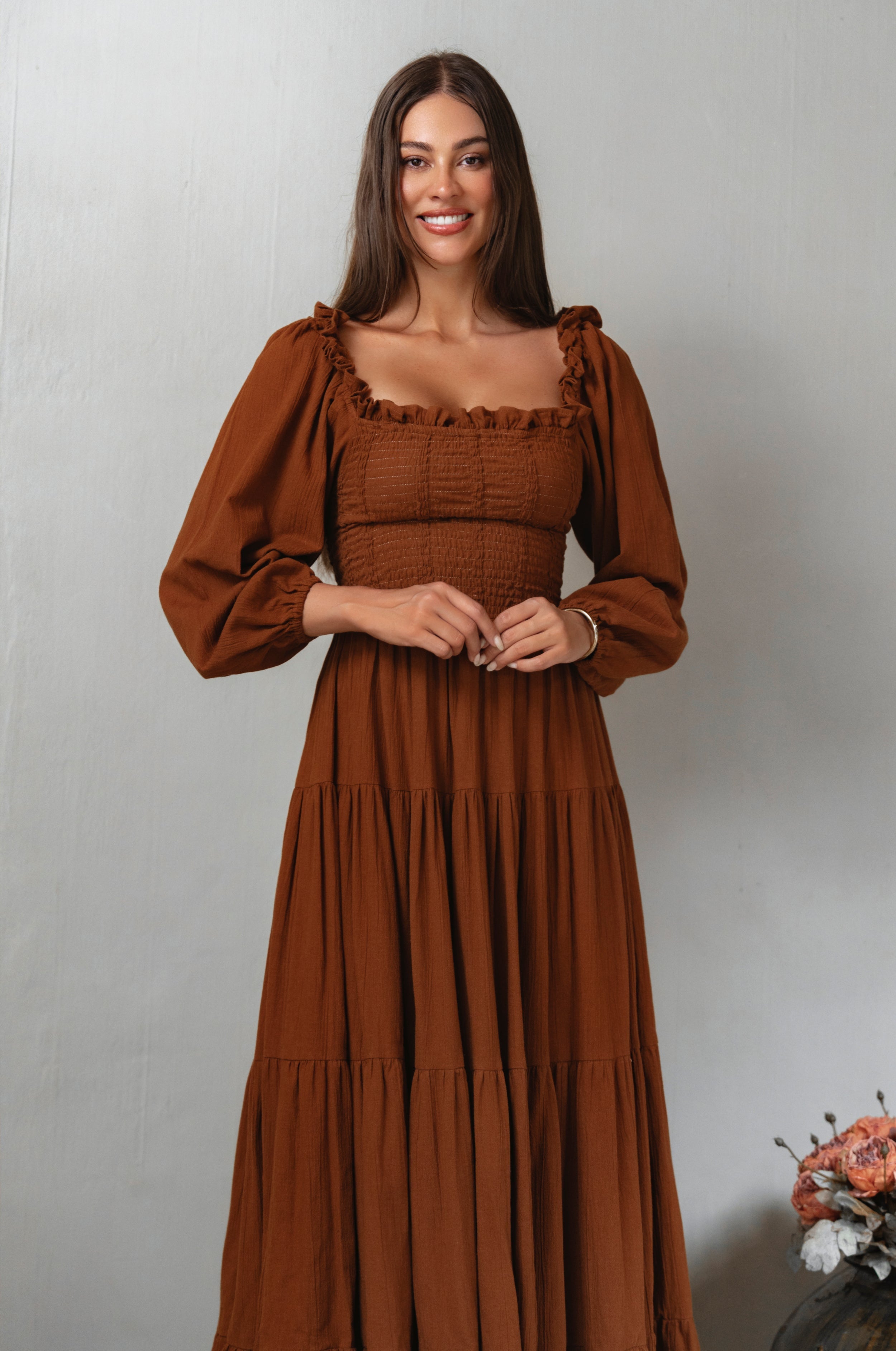 Evangeline Tiered Linen Midi Dress-thumbmail-2