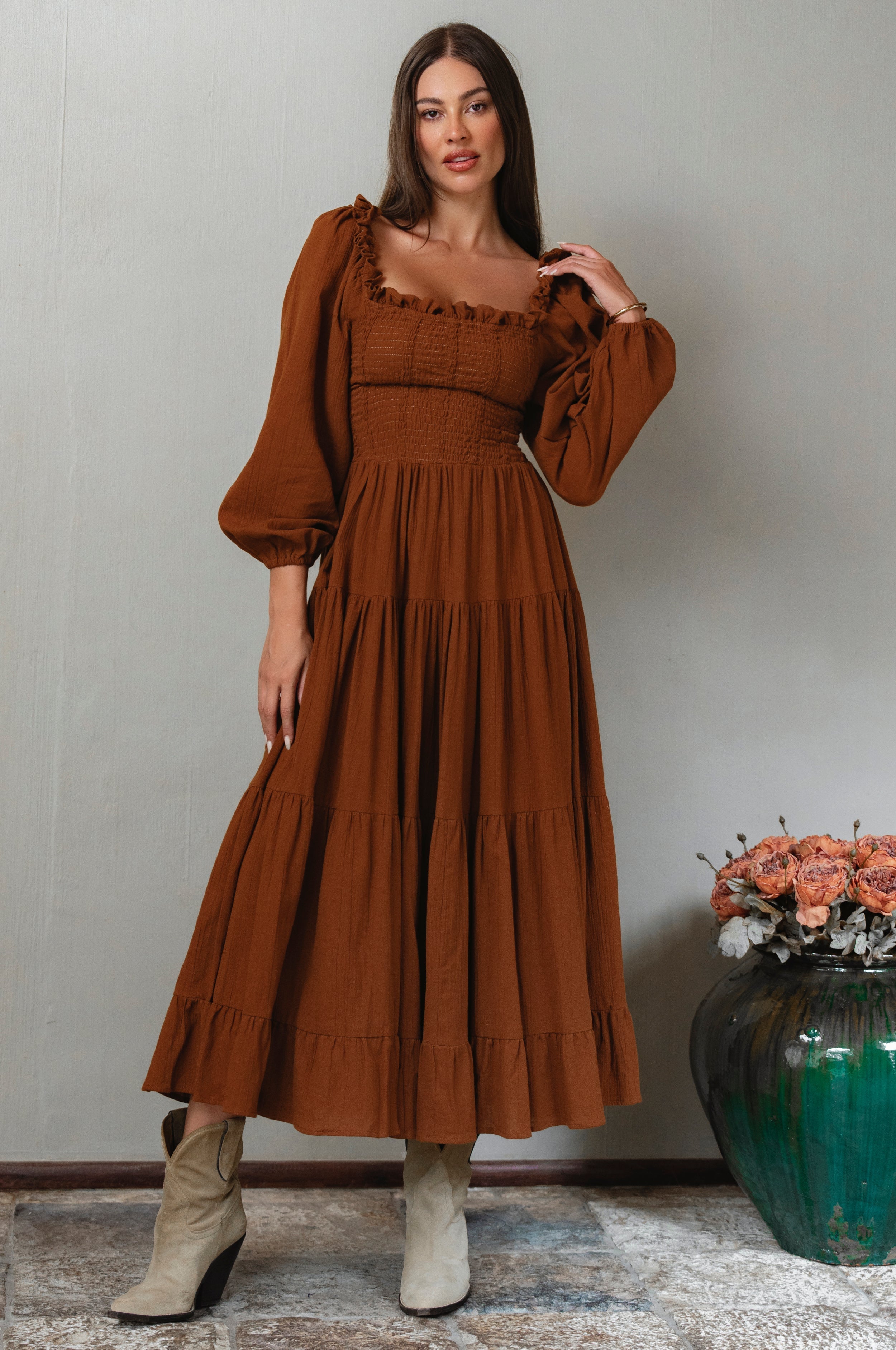 Evangeline Tiered Linen Midi Dress-thumbmail-3
