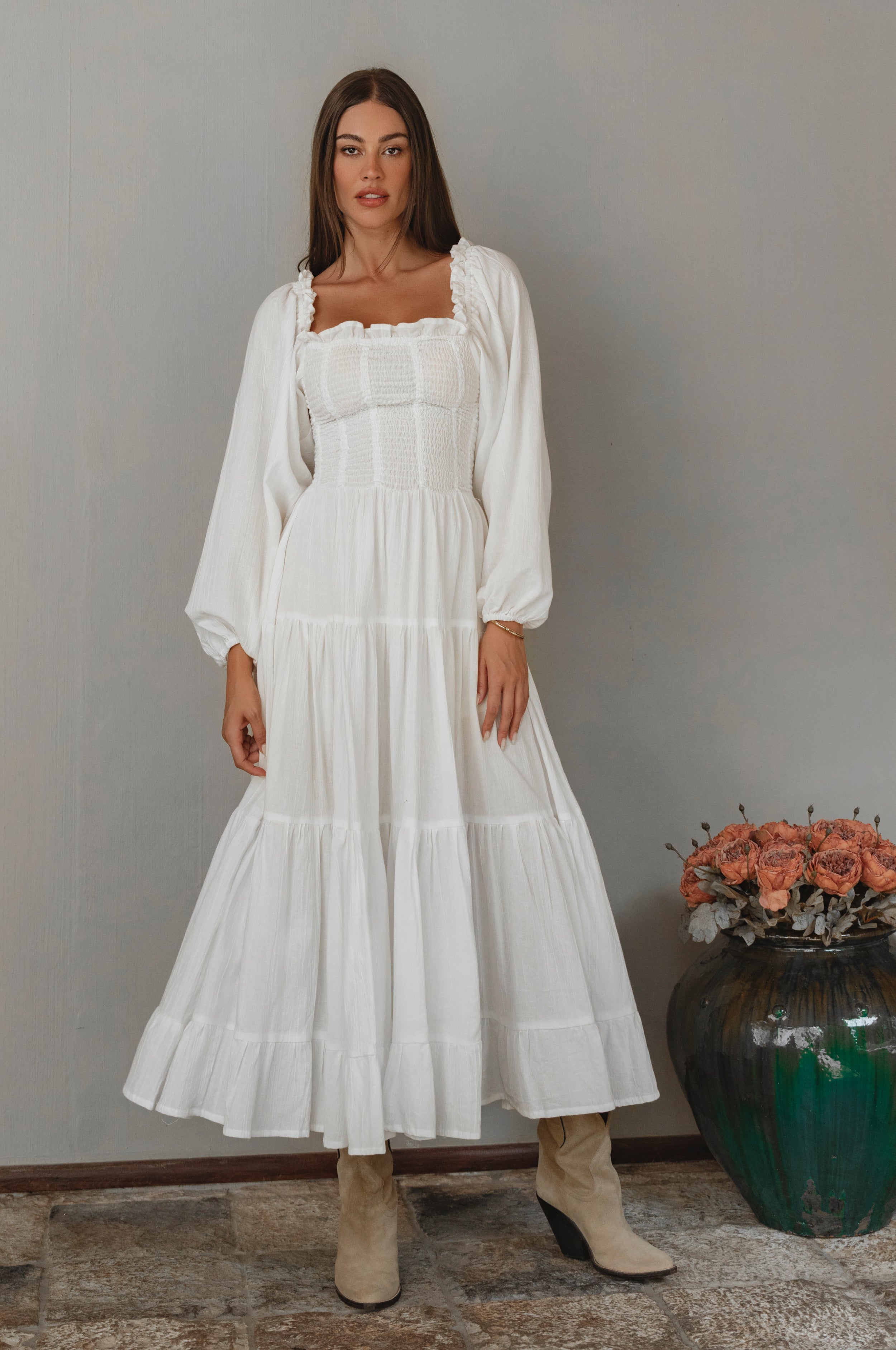 Evangeline Tiered Linen Midi Dress-thumbmail-5