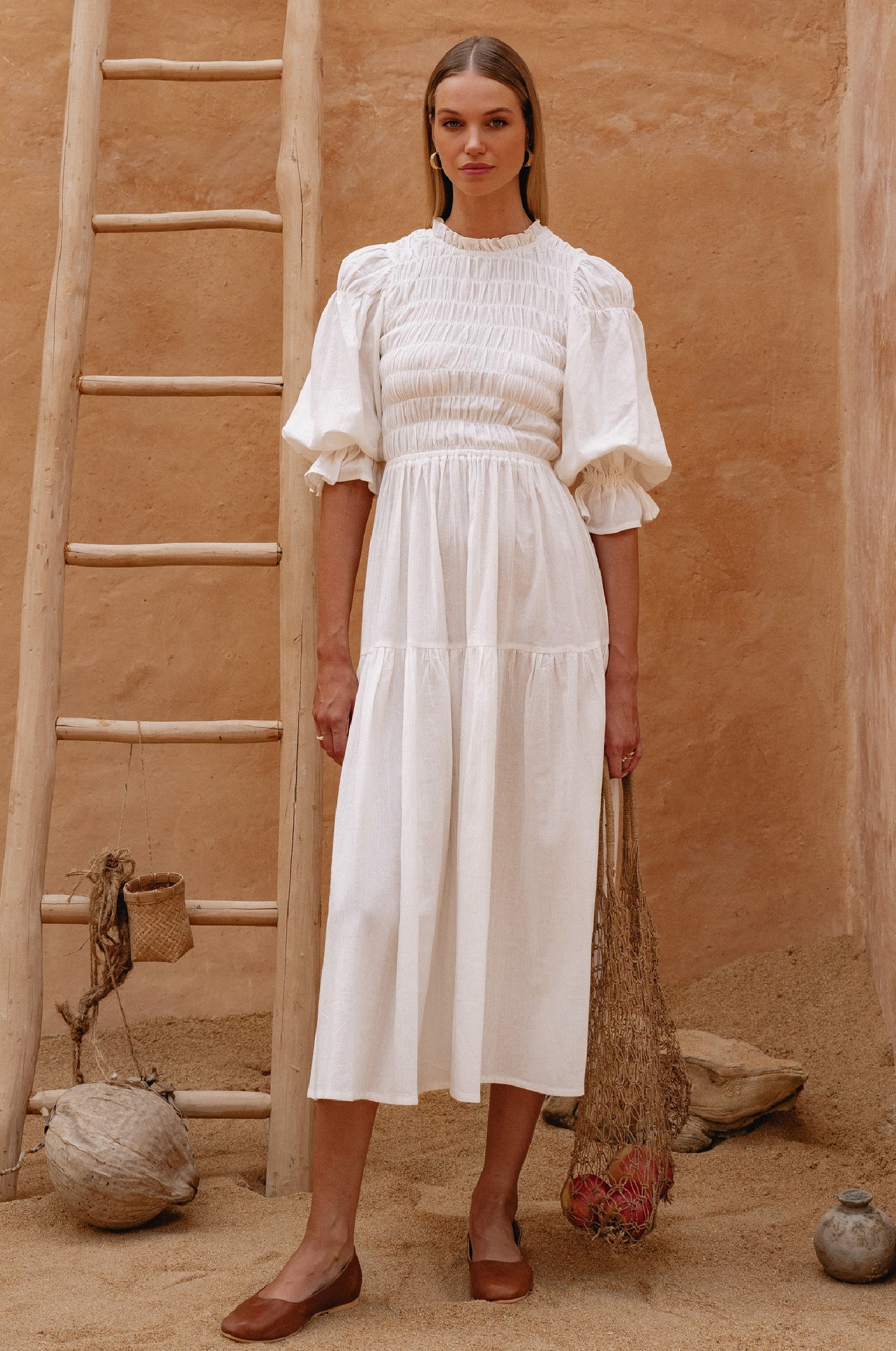 Florence Smocked Linen Midi Dress-thumbmail-5