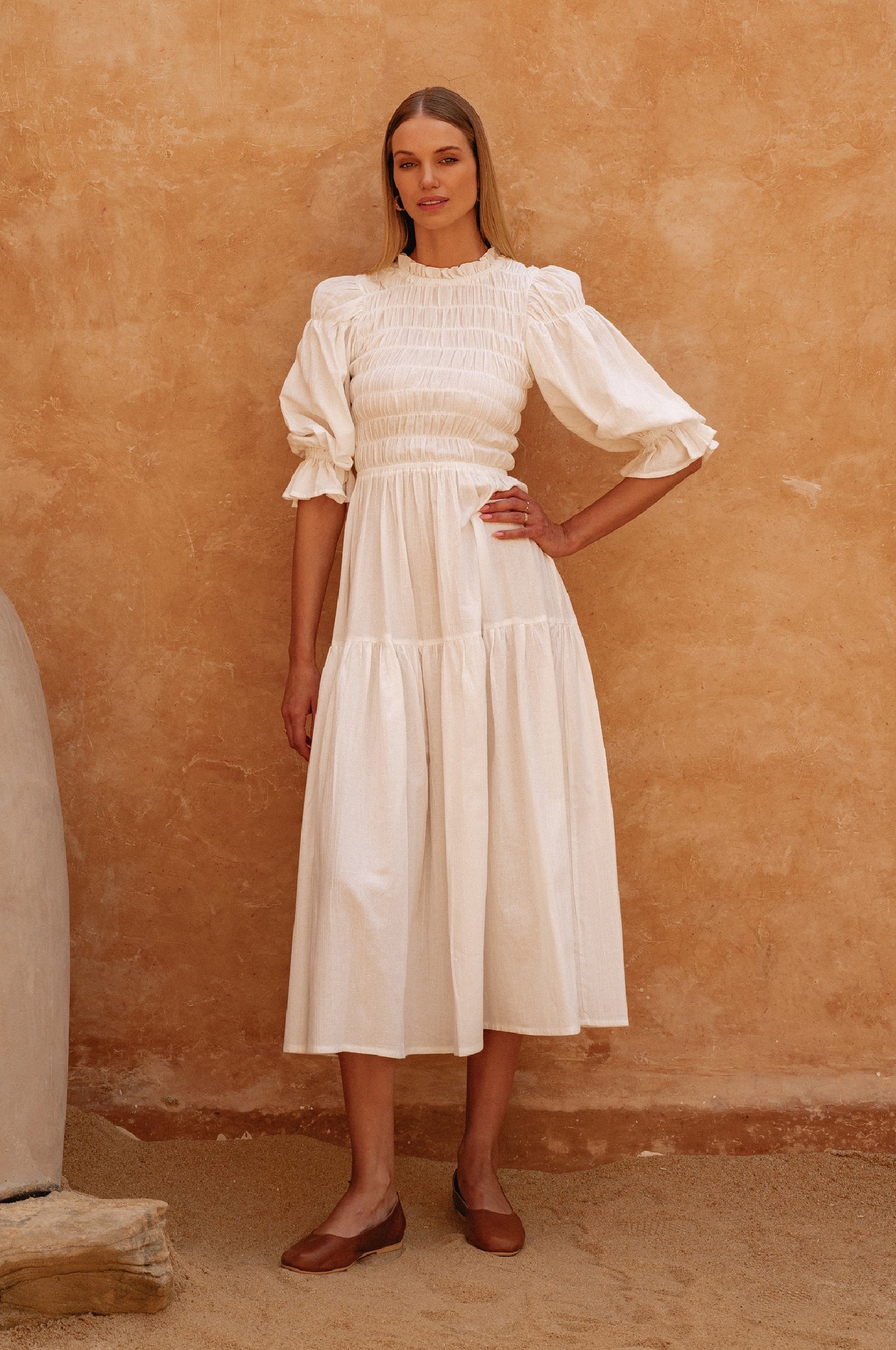 Florence Smocked Linen Midi Dress-thumbmail-2