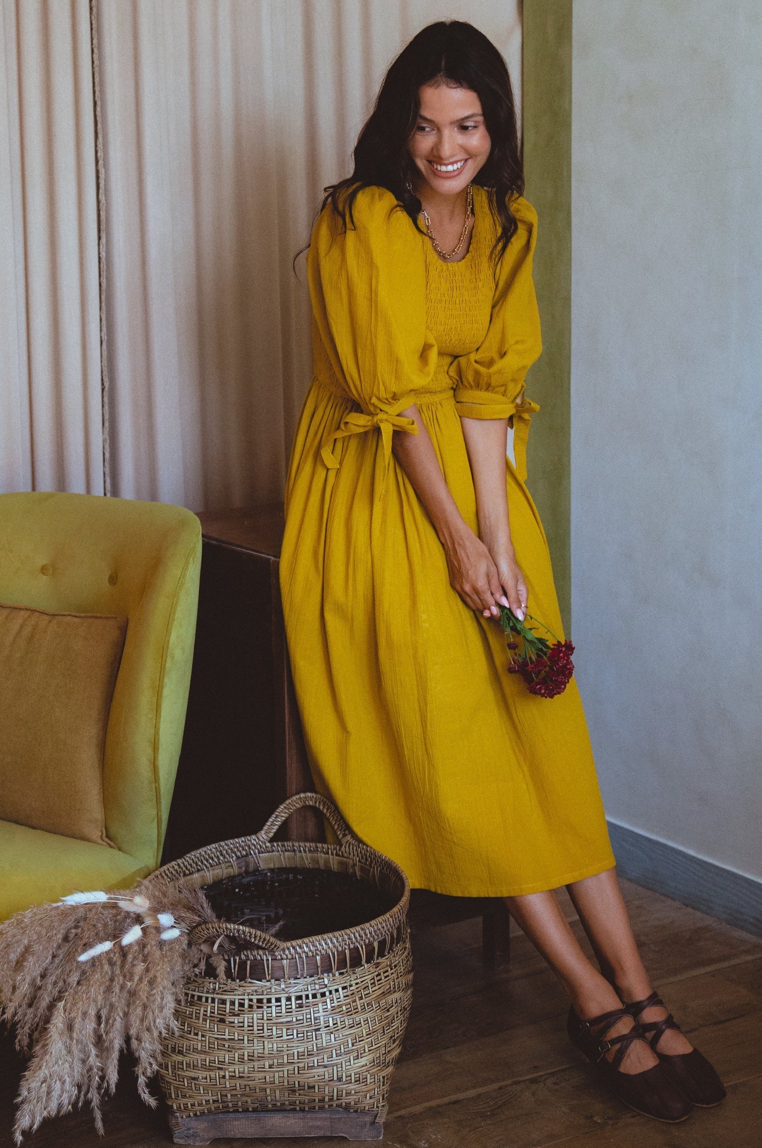 Freya Smocked Linen Midi Dress-thumbmail-5