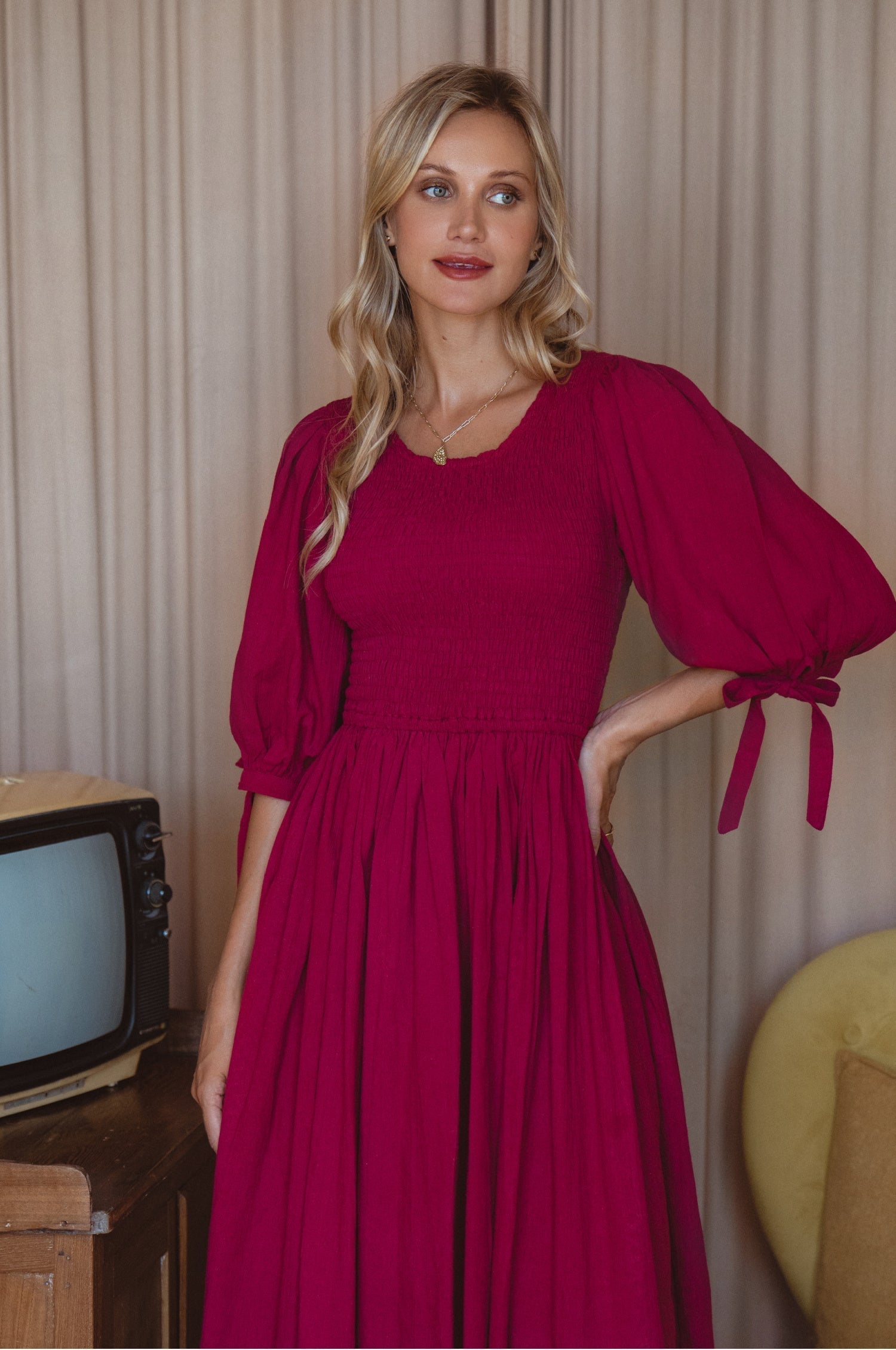 Freya Smocked Linen Midi Dress-thumbmail-4
