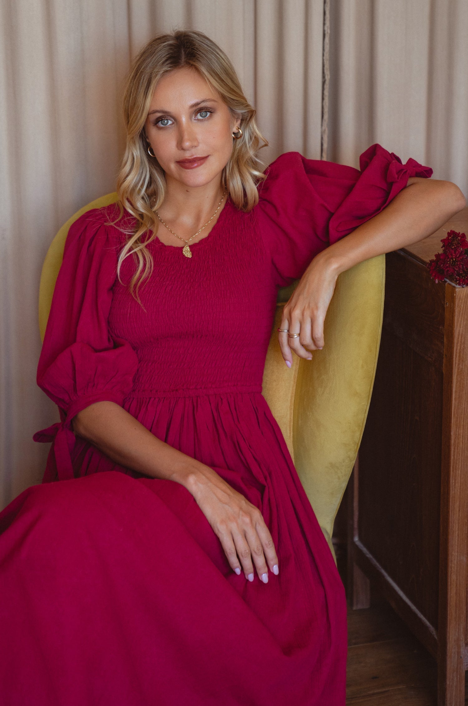 Freya Smocked Linen Midi Dress-thumbmail-3
