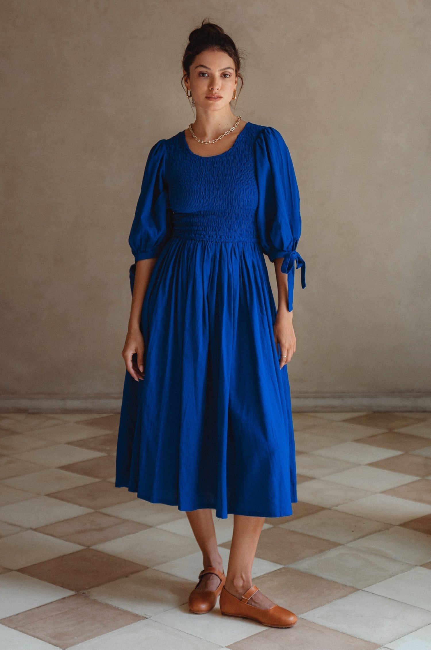 Freya Smocked Linen Midi Dress-thumbmail-6