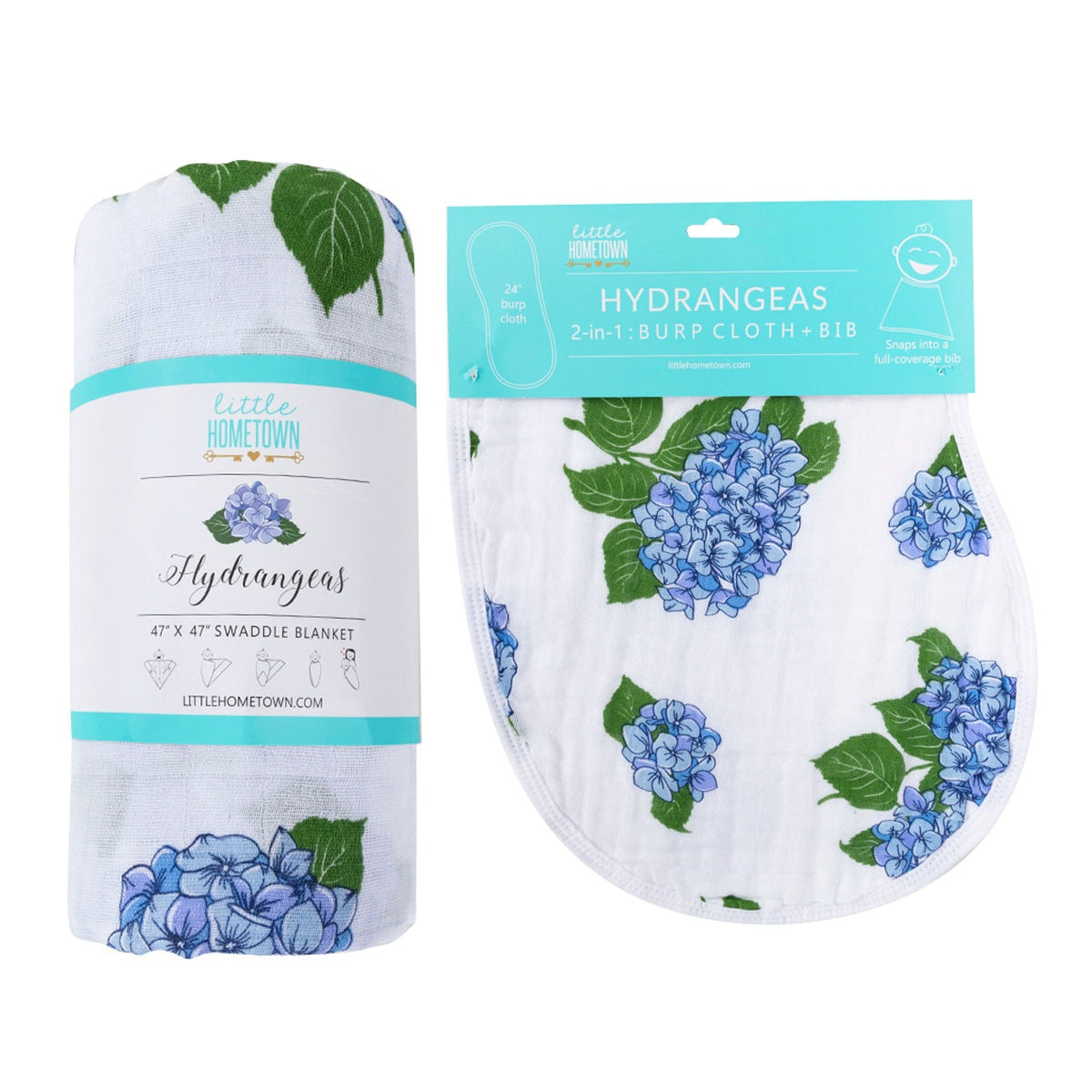 Gift Set: Hydrangeas Baby Muslin Swaddle Blanket and Burp Cloth/Bib Combo-thumbmail-7