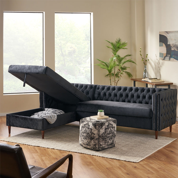 Tufted Velvet Sectional Storage Sofa With Chaise Lounge-thumbmail-6
