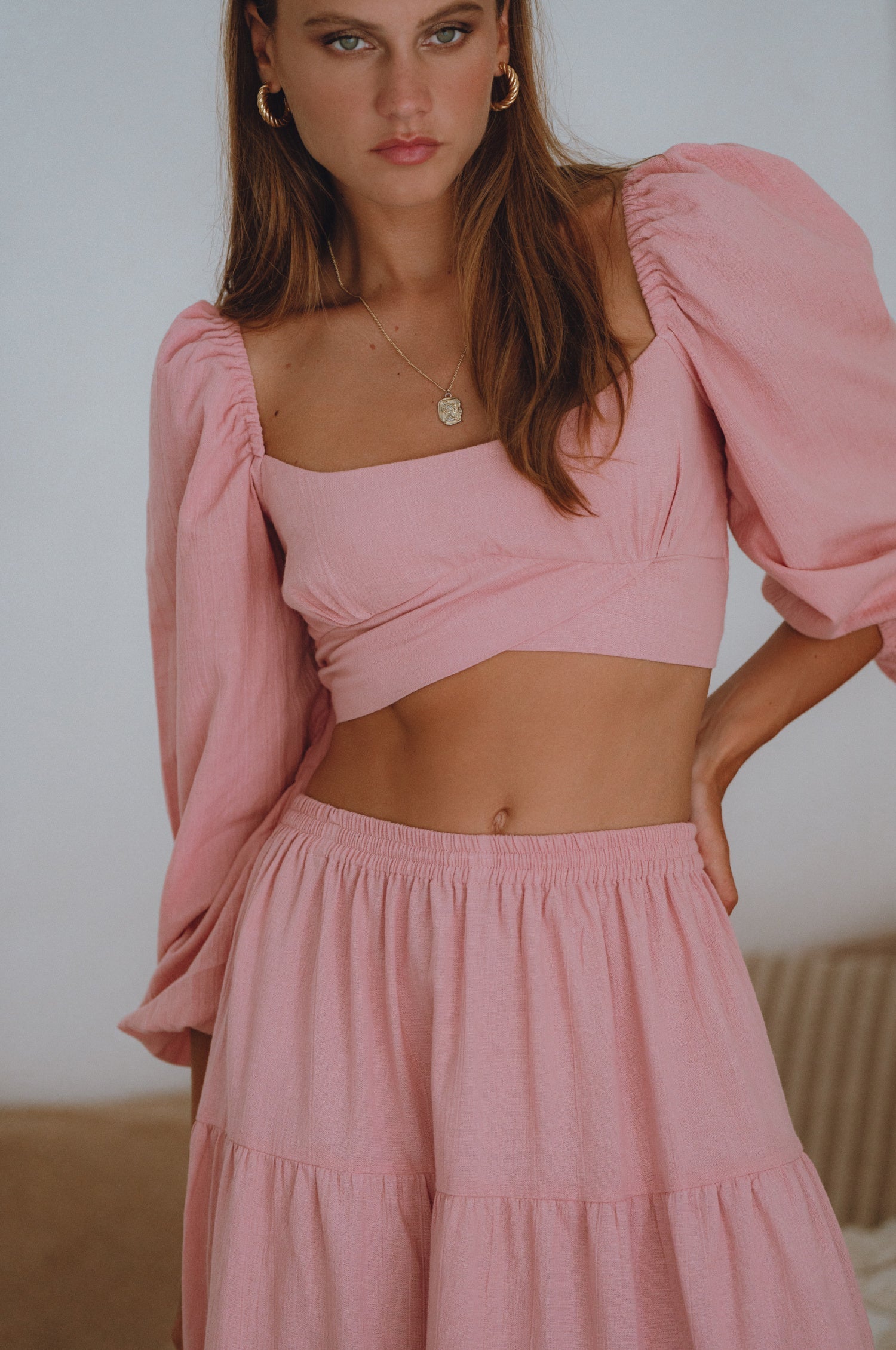 Helsa Long Sleeve Linen Top-thumbmail-1