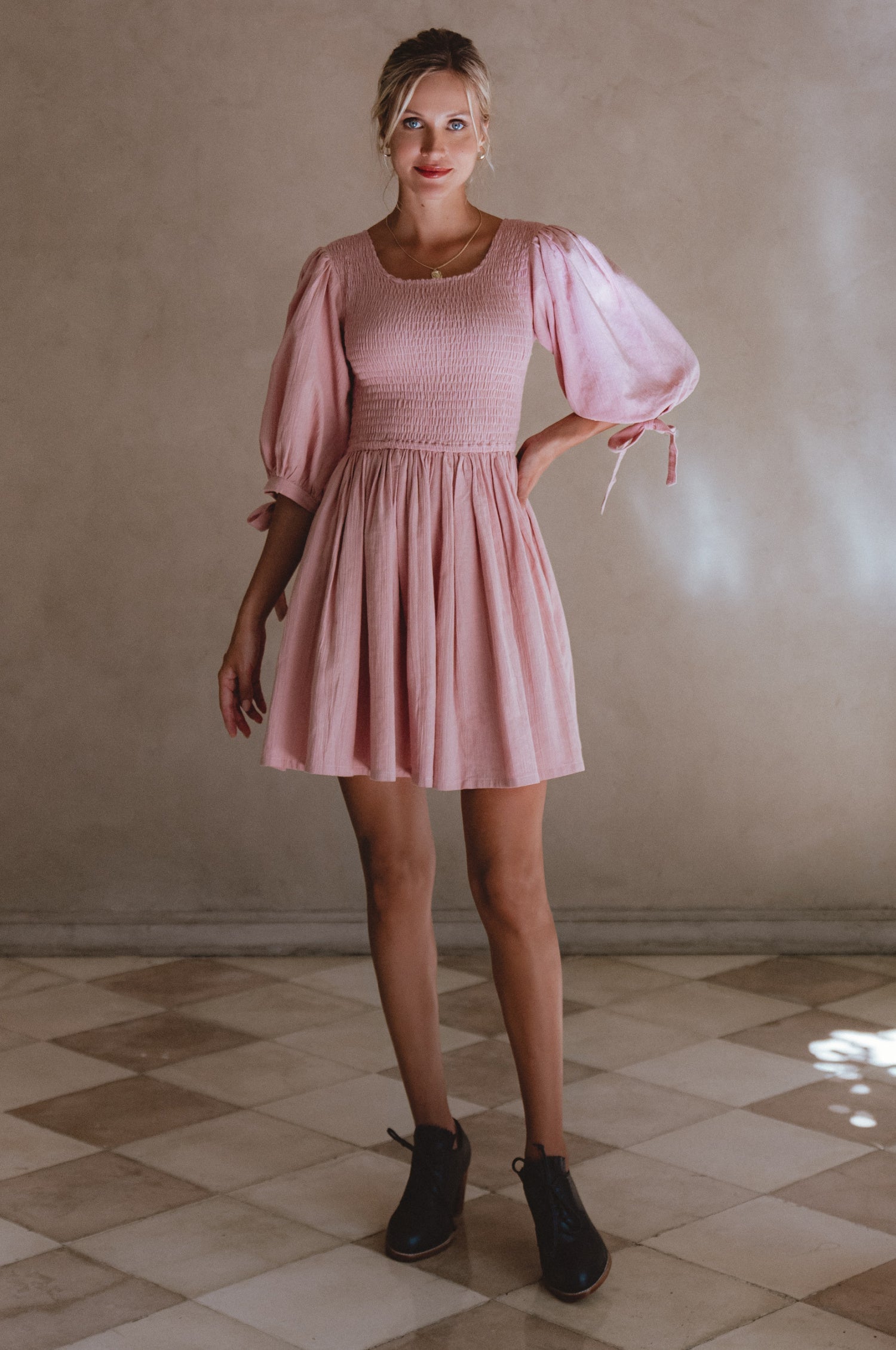 Jolie Puff Sleeve Linen Mini Dress-thumbmail-2