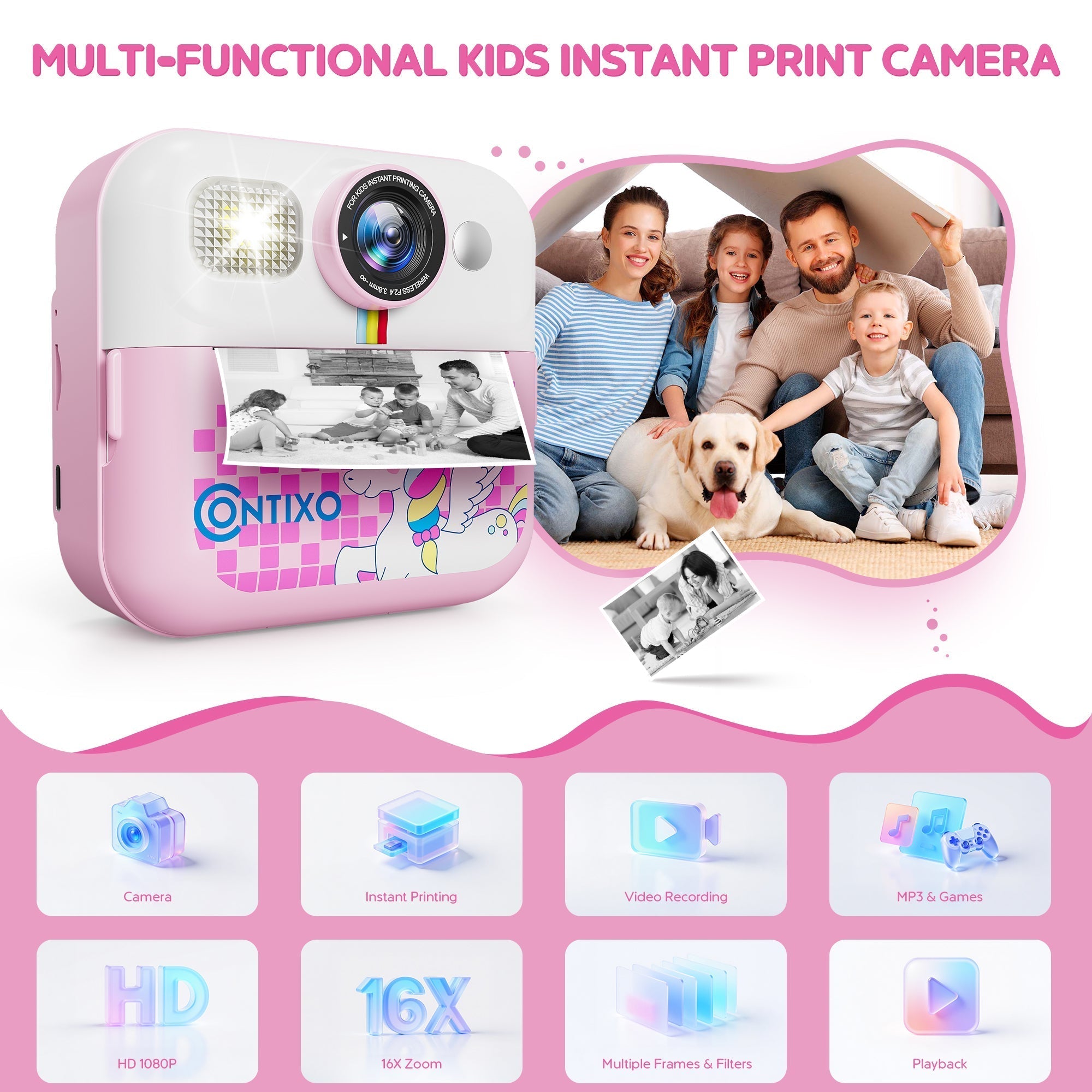 Contixo KC4  Kids Instant Print Camera, HD 1080P Digital Camera With 3 Rolls of Paper & 32G Card, 16X Zoom, Games & MP3, Ages 3-12-thumbmail-3