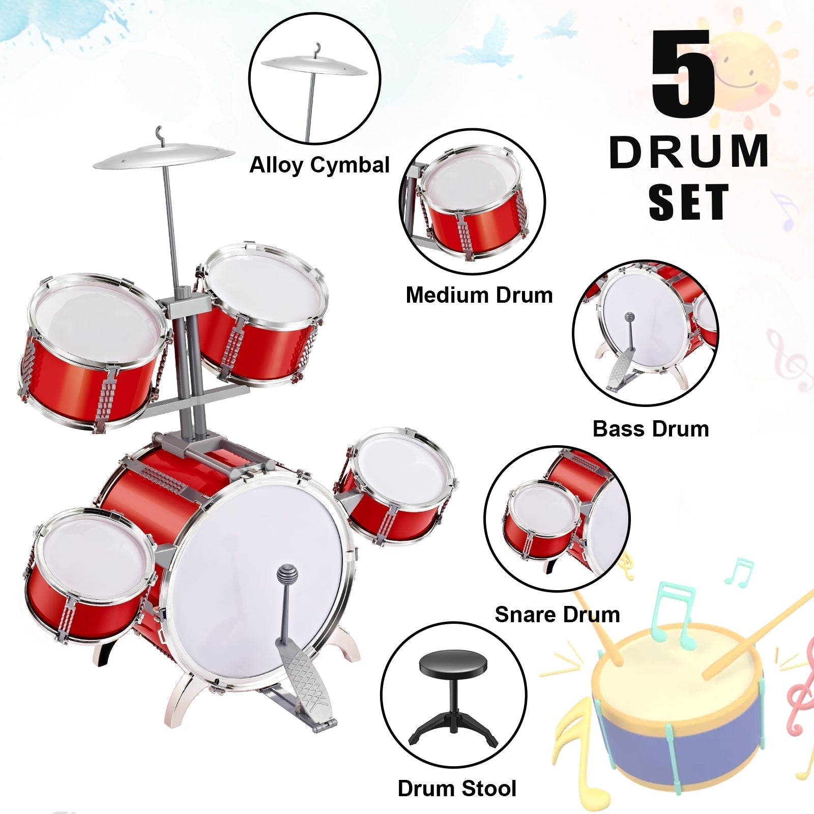 Contixo Kids Drum Set - Jazz Musical Instrument Toy for Ages 3-7-thumbmail-2