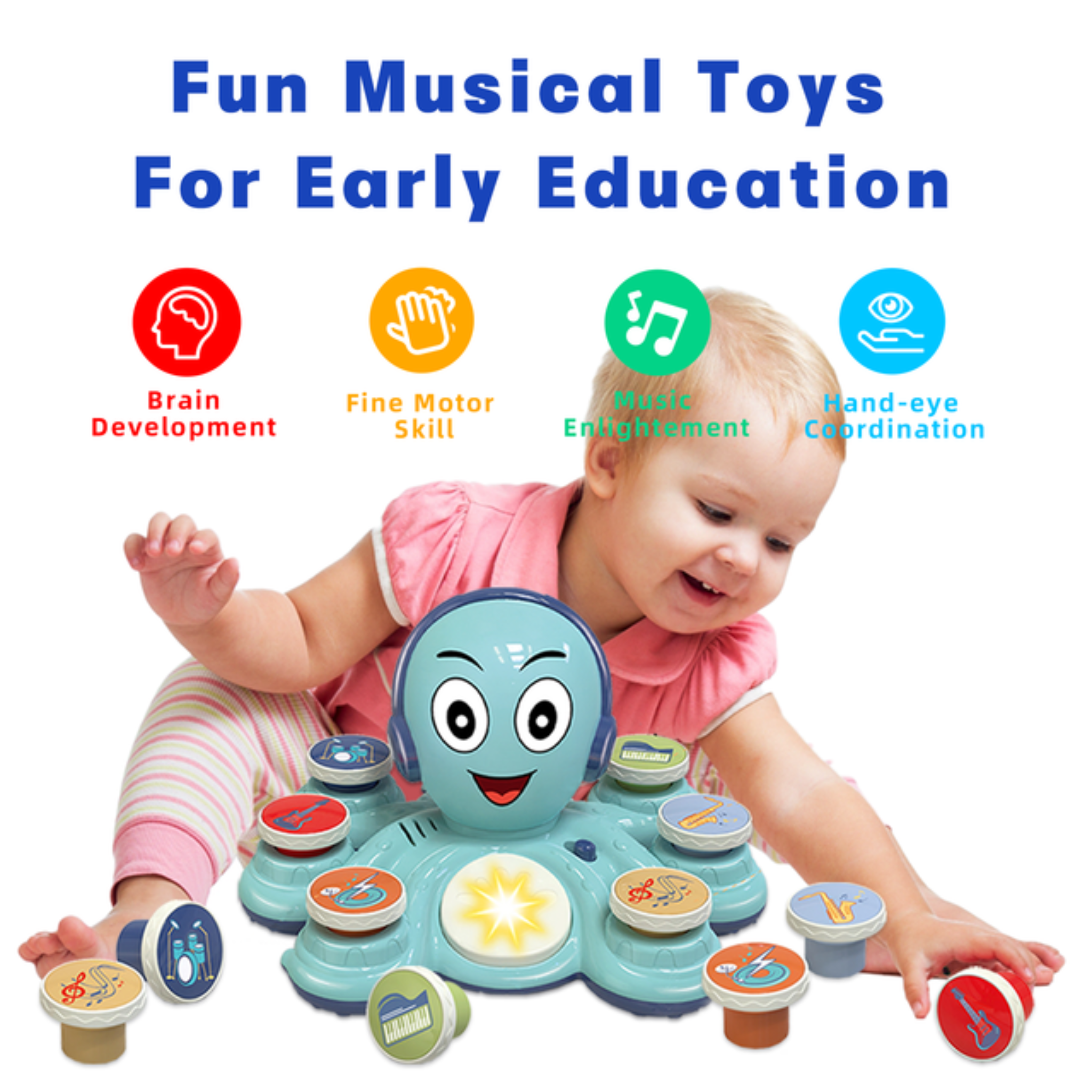 Contixo Baby Piano Toy - Octopus Musical Toy With 6 Keyboards, Ages 6-24 Months, Blue-thumbmail-6