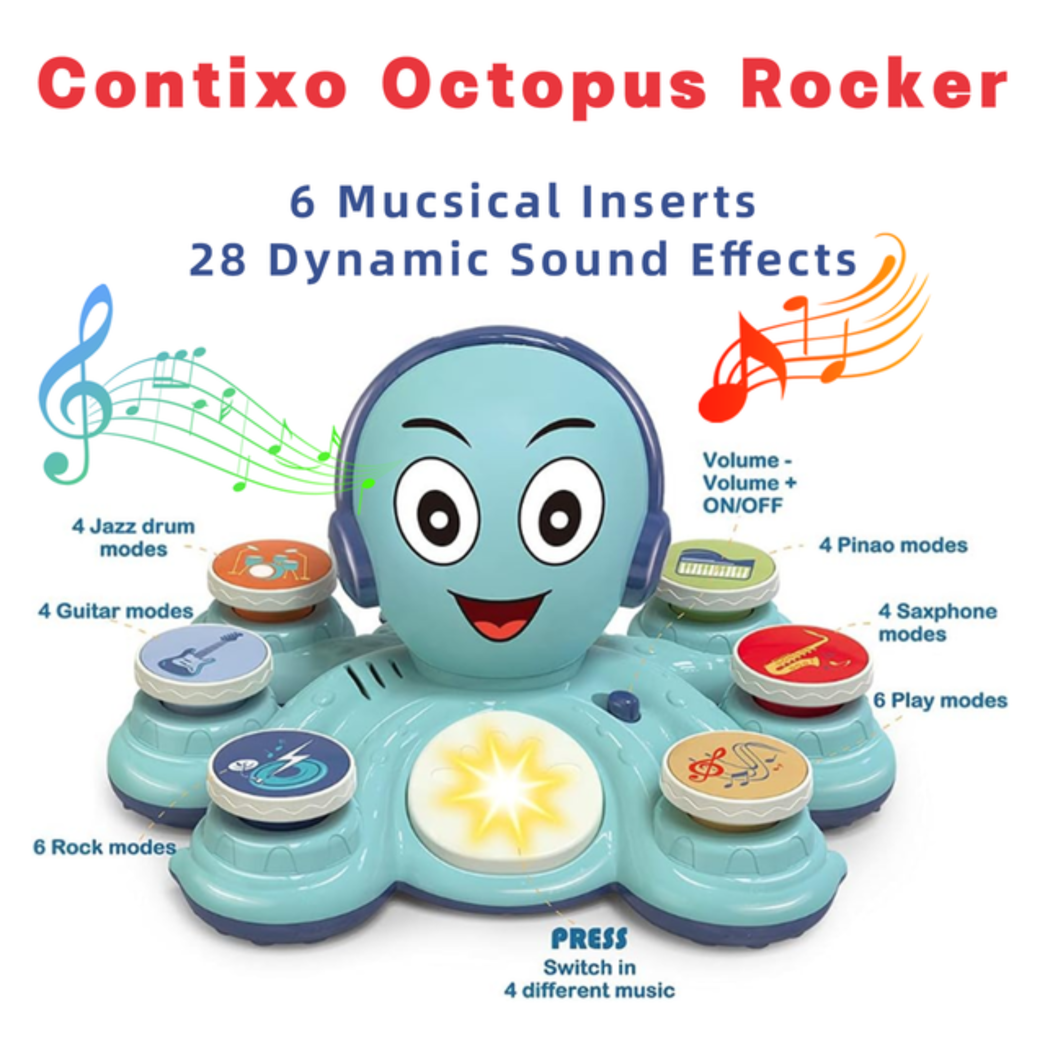 Contixo Baby Piano Toy - Octopus Musical Toy With 6 Keyboards, Ages 6-24 Months, Blue-thumbmail-4