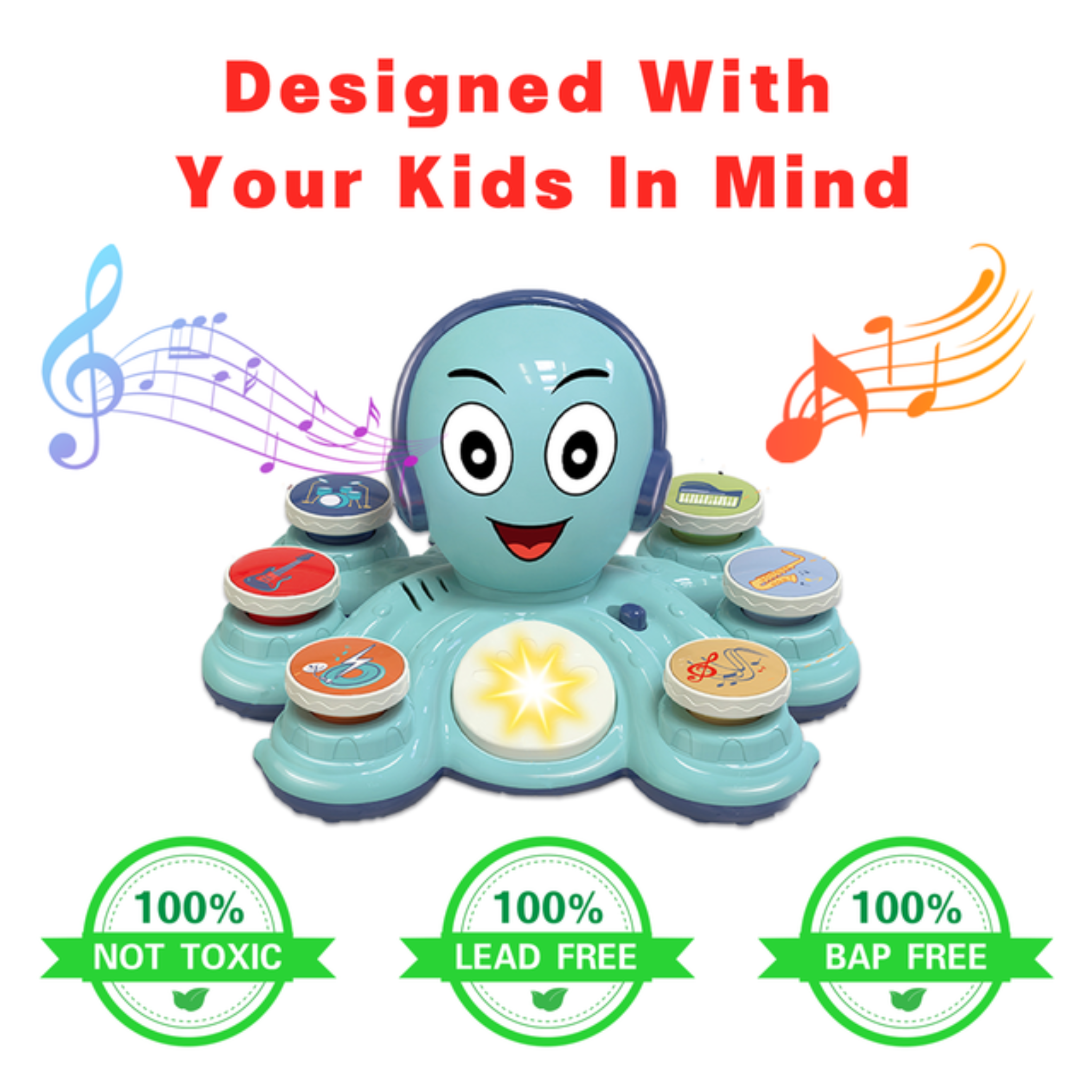 Contixo Baby Piano Toy - Octopus Musical Toy With 6 Keyboards, Ages 6-24 Months, Blue-thumbmail-5