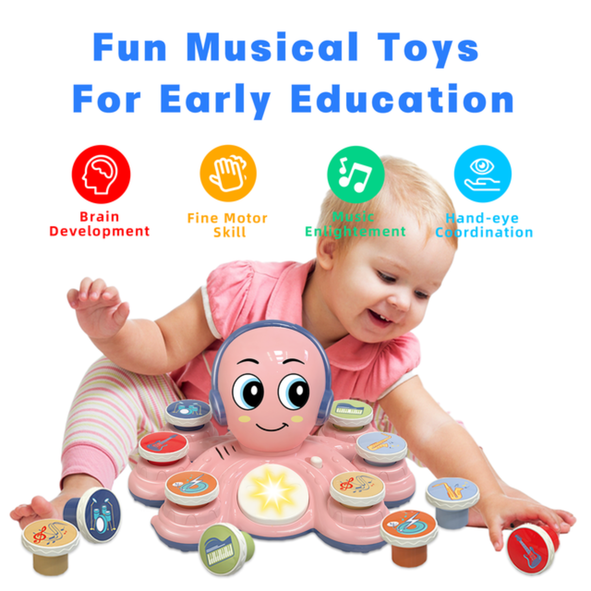 Contixo Baby Piano Toy - Octopus Musical Toy With 6 Keyboards, Ages 6-24 Months, Pink-thumbmail-6
