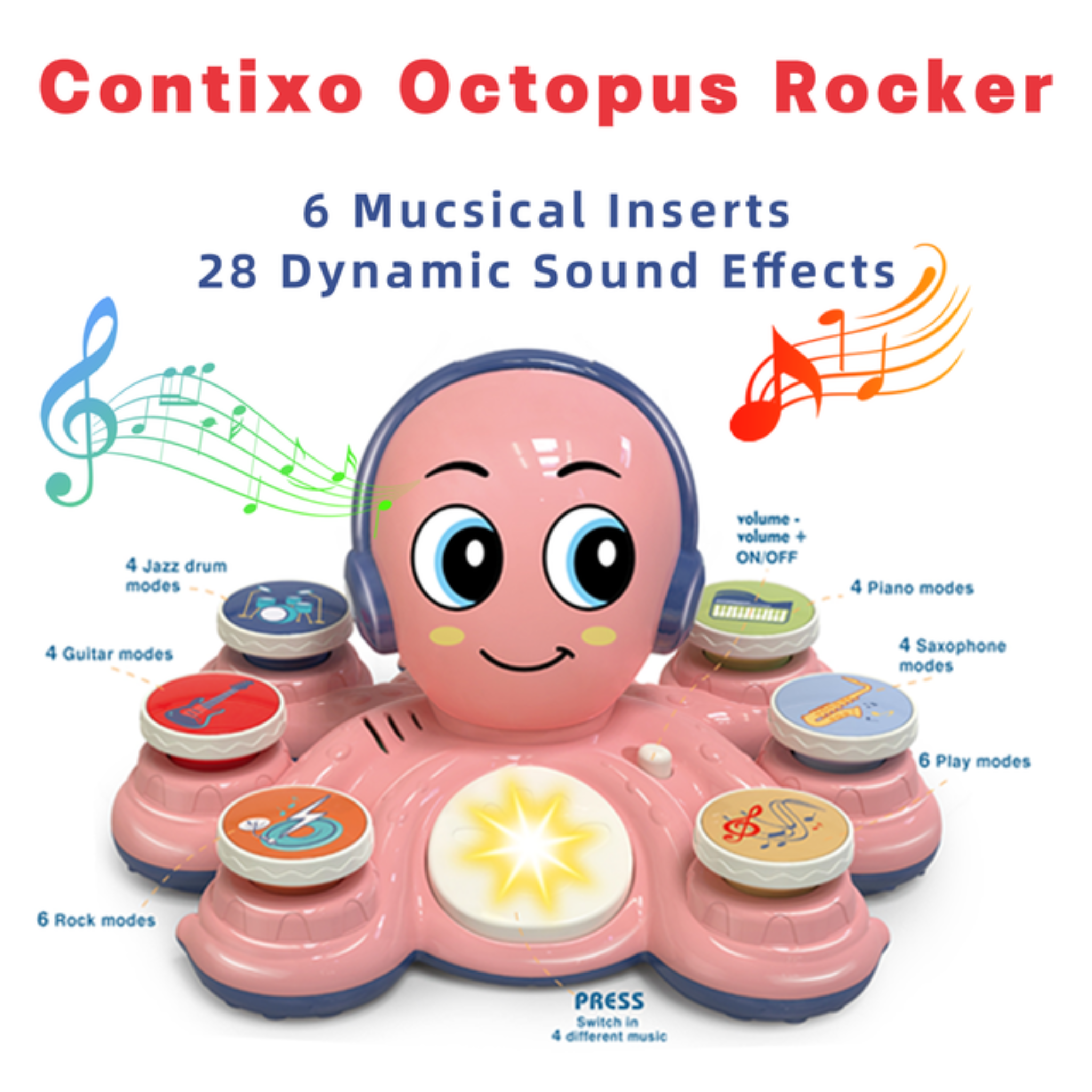Contixo Baby Piano Toy - Octopus Musical Toy With 6 Keyboards, Ages 6-24 Months, Pink-thumbmail-5