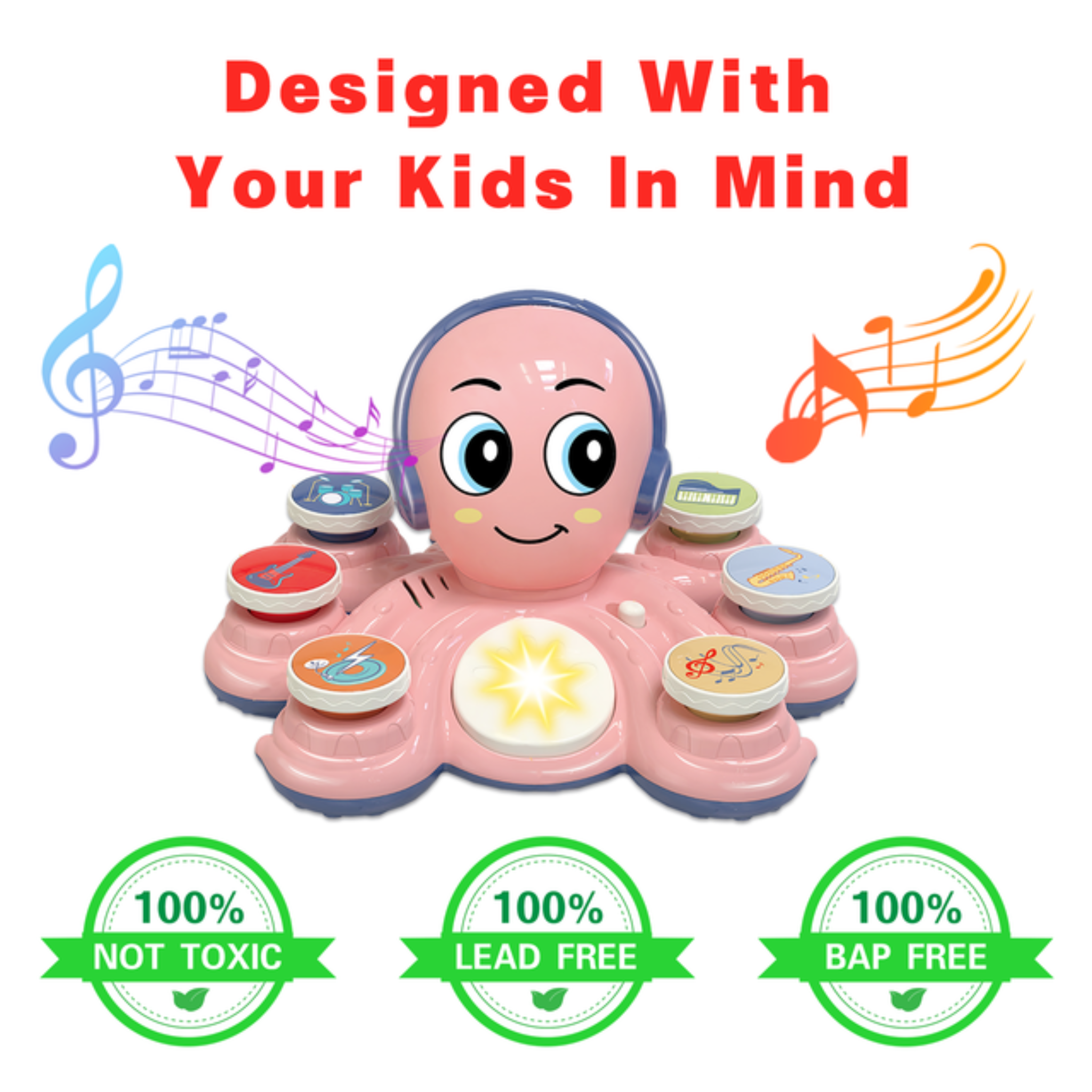 Contixo Baby Piano Toy - Octopus Musical Toy With 6 Keyboards, Ages 6-24 Months, Pink-thumbmail-4