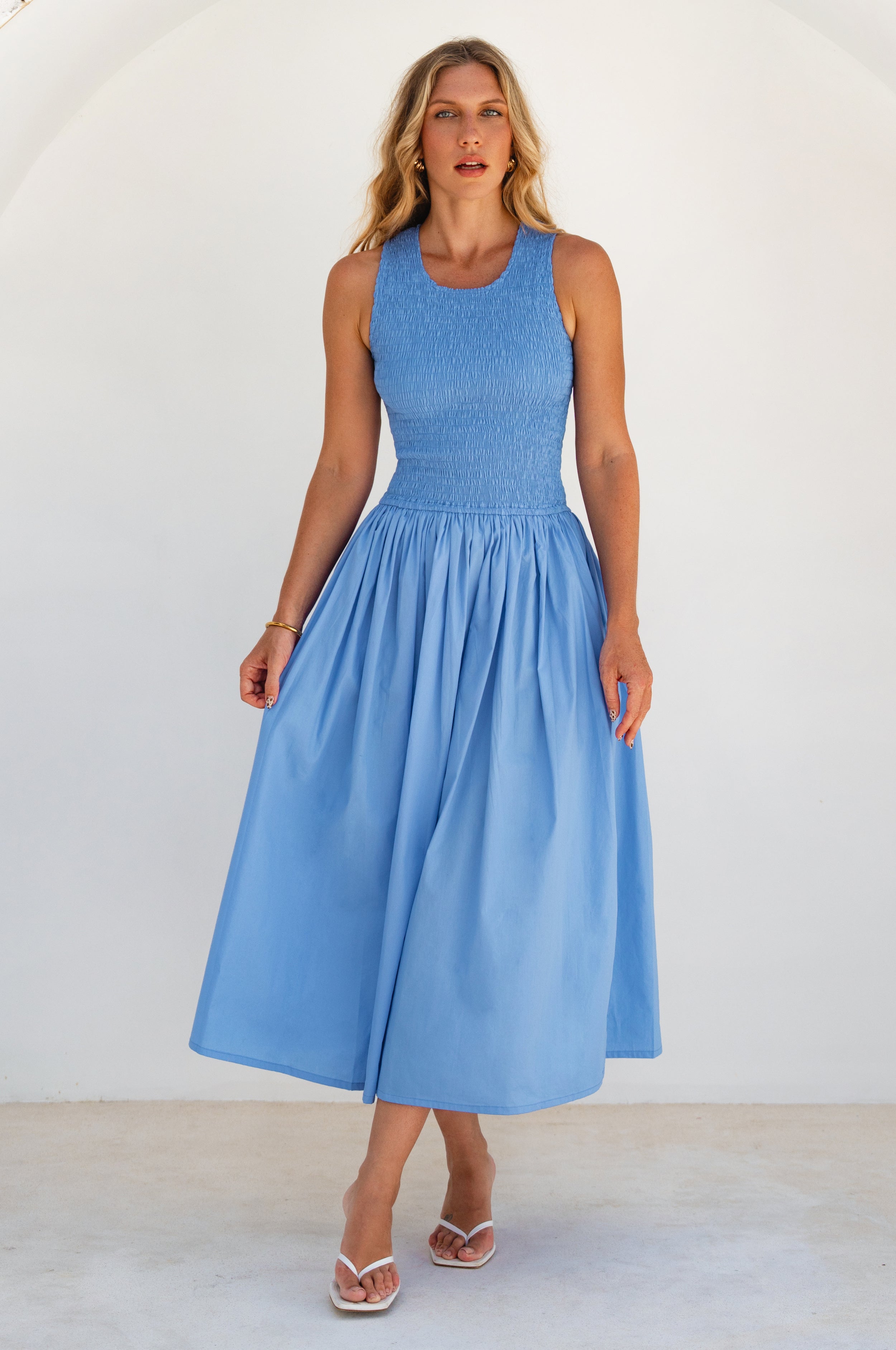 Lucciola Smocked Cotton Midi Dress-thumbmail-4