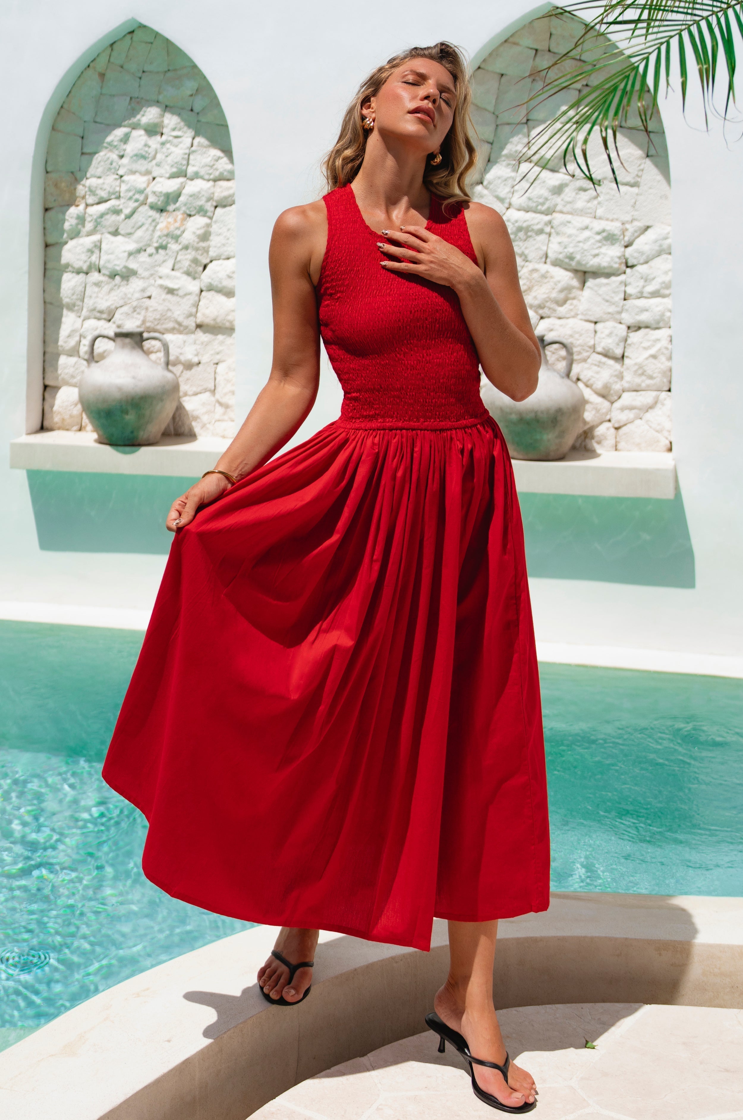 Lucciola Smocked Cotton Midi Dress-thumbmail-9