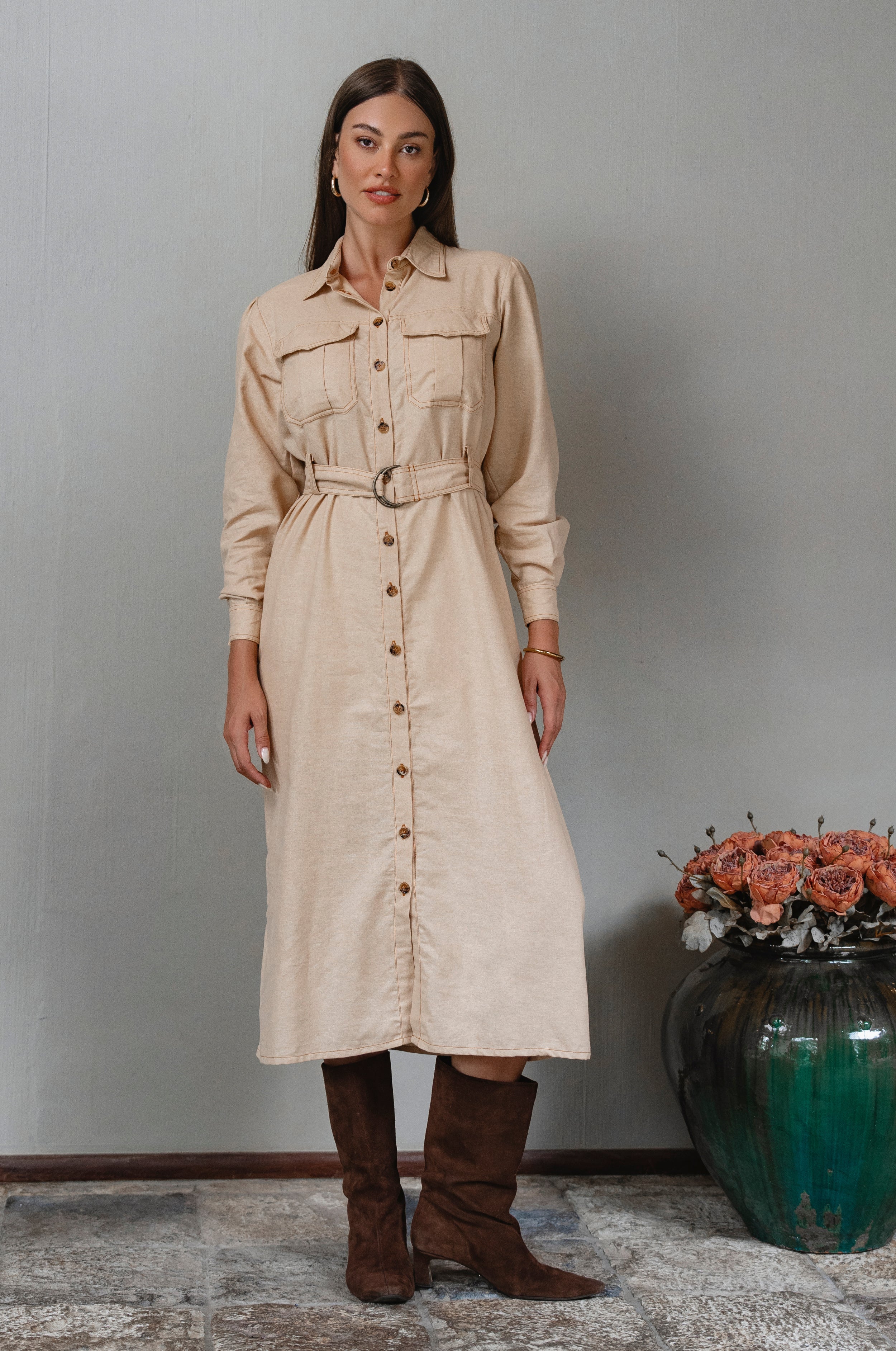 Marcelle Belted Linen Shirt Dress-thumbmail-1