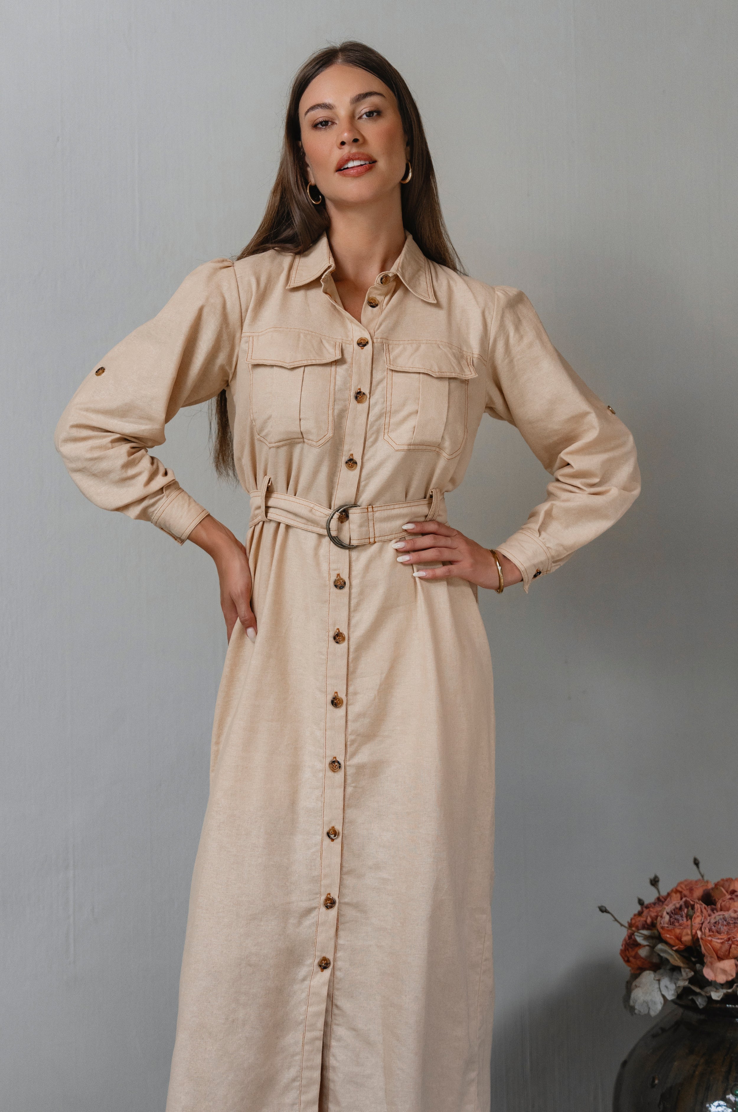 Marcelle Belted Linen Shirt Dress-thumbmail-8