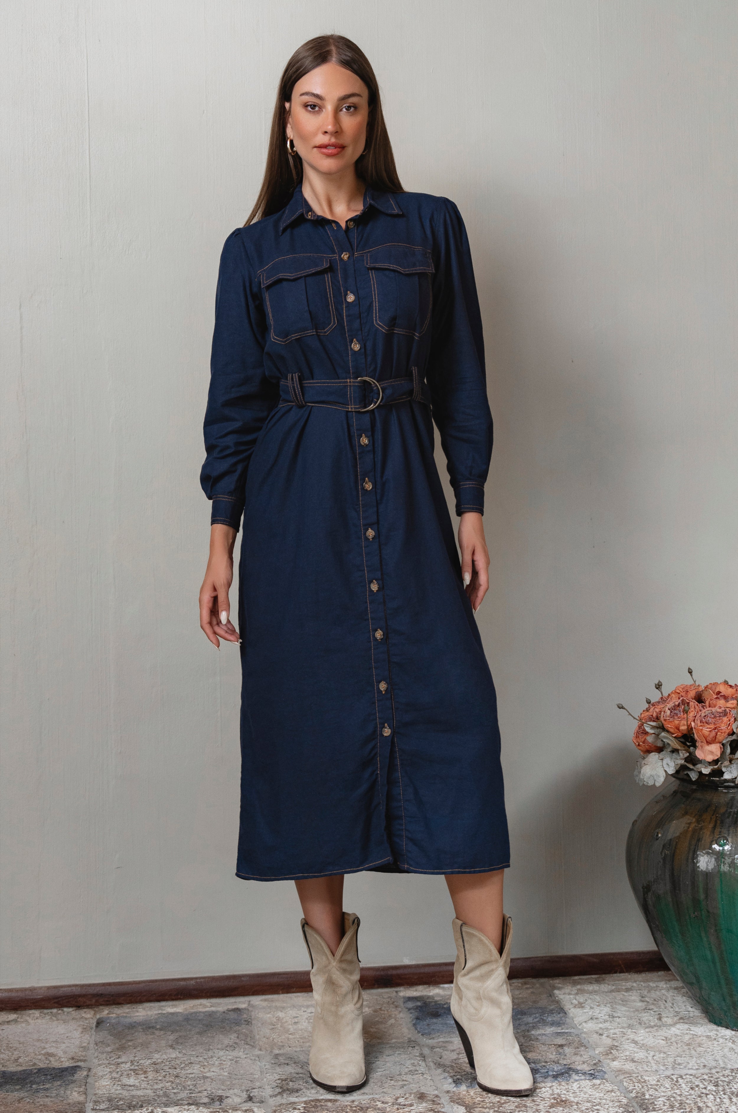 Marcelle Belted Linen Shirt Dress-thumbmail-4