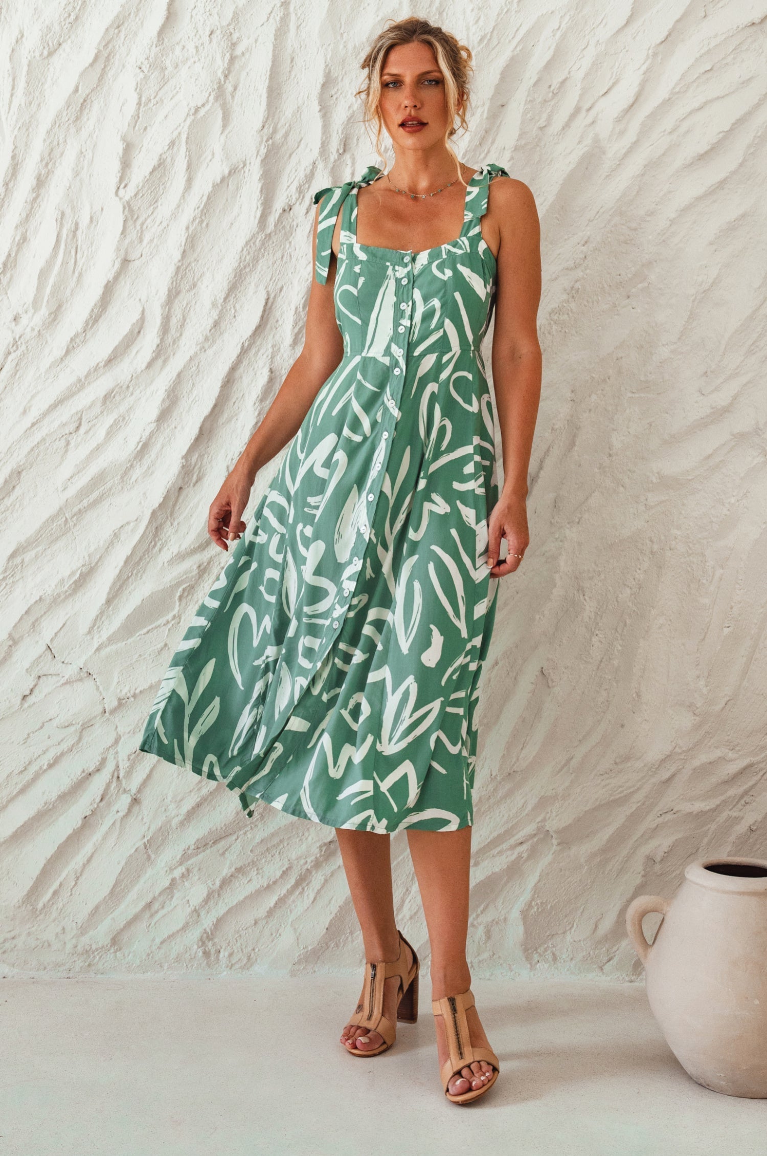 Mia Vita Button Down Dress With Ties-thumbmail-1