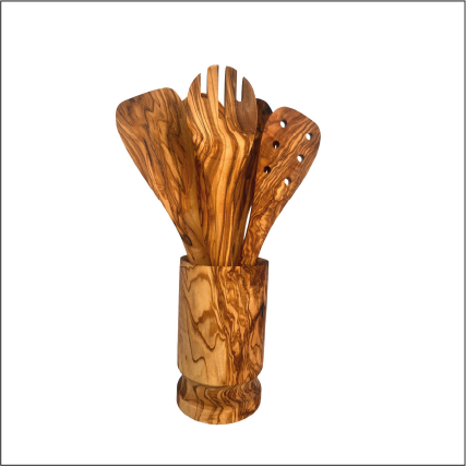 Olive Wood Kitchen Servers Set W/Holder -6 Pcs-thumbmail-8