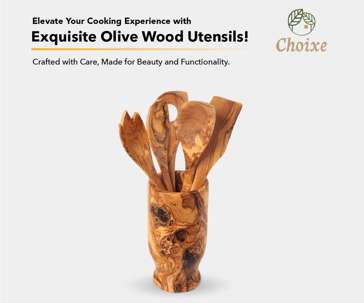 Olive Wood Kitchen Servers Set W/Holder -6 Pcs-thumbmail-3